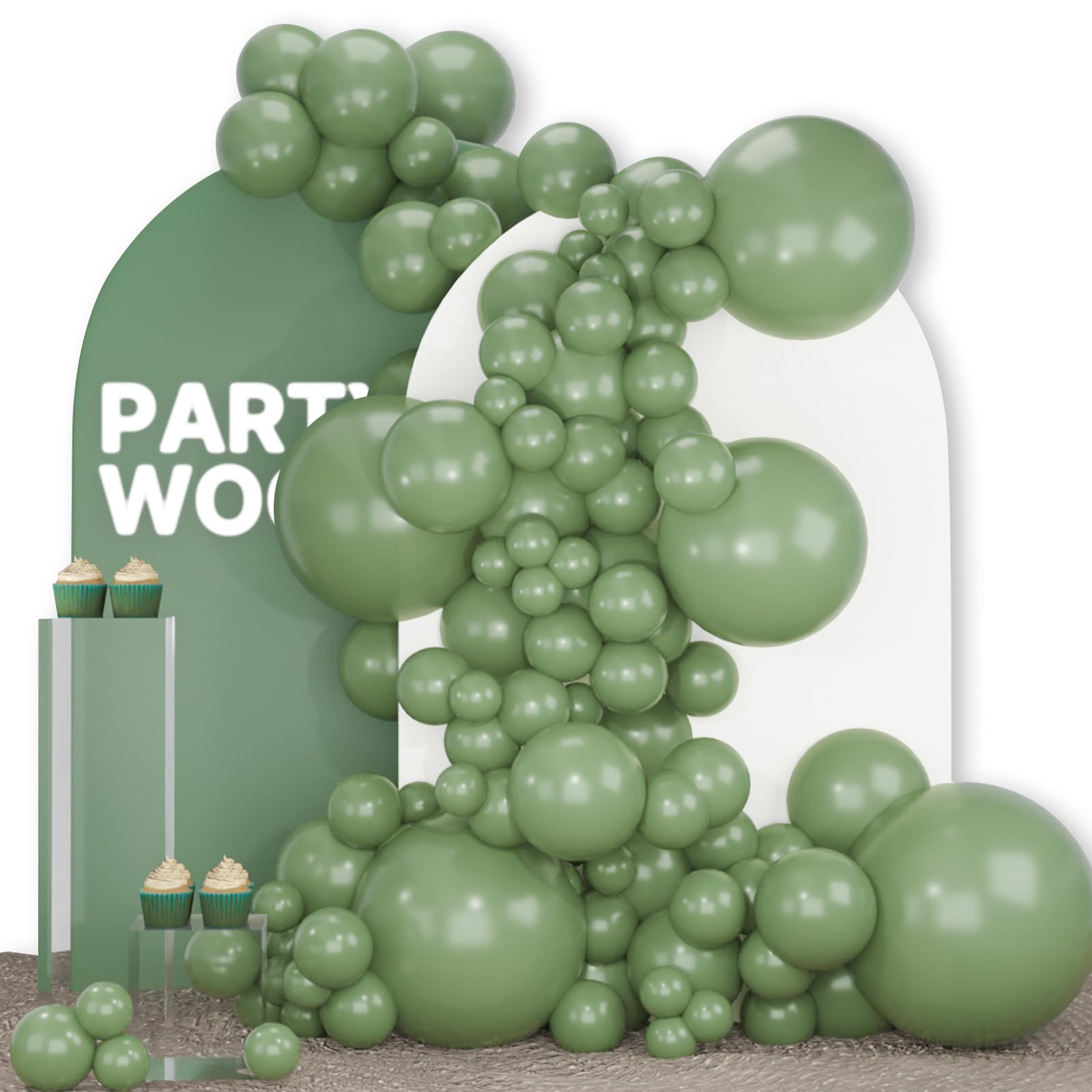 PartyWoo Sage Green Balloons 140pc Pack – 18/12/10/5in Neutral Jungle Party Decor