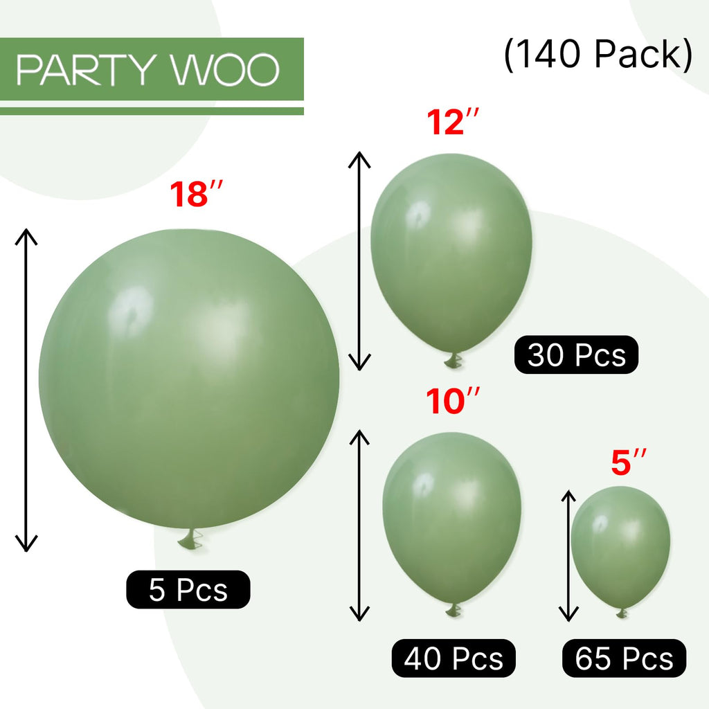 PartyWoo Sage Green Balloons 140pc Pack – 18/12/10/5in Neutral Jungle Party Decor