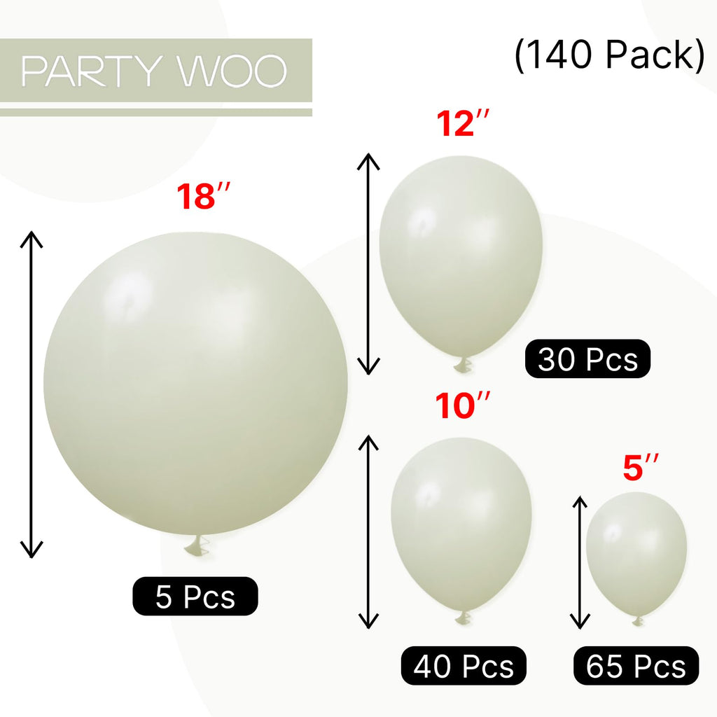 PartyWoo Sage Green Balloons 140pcs – 18/12/10/5in Latex Balloon Arch Kit for Weddings & Parties