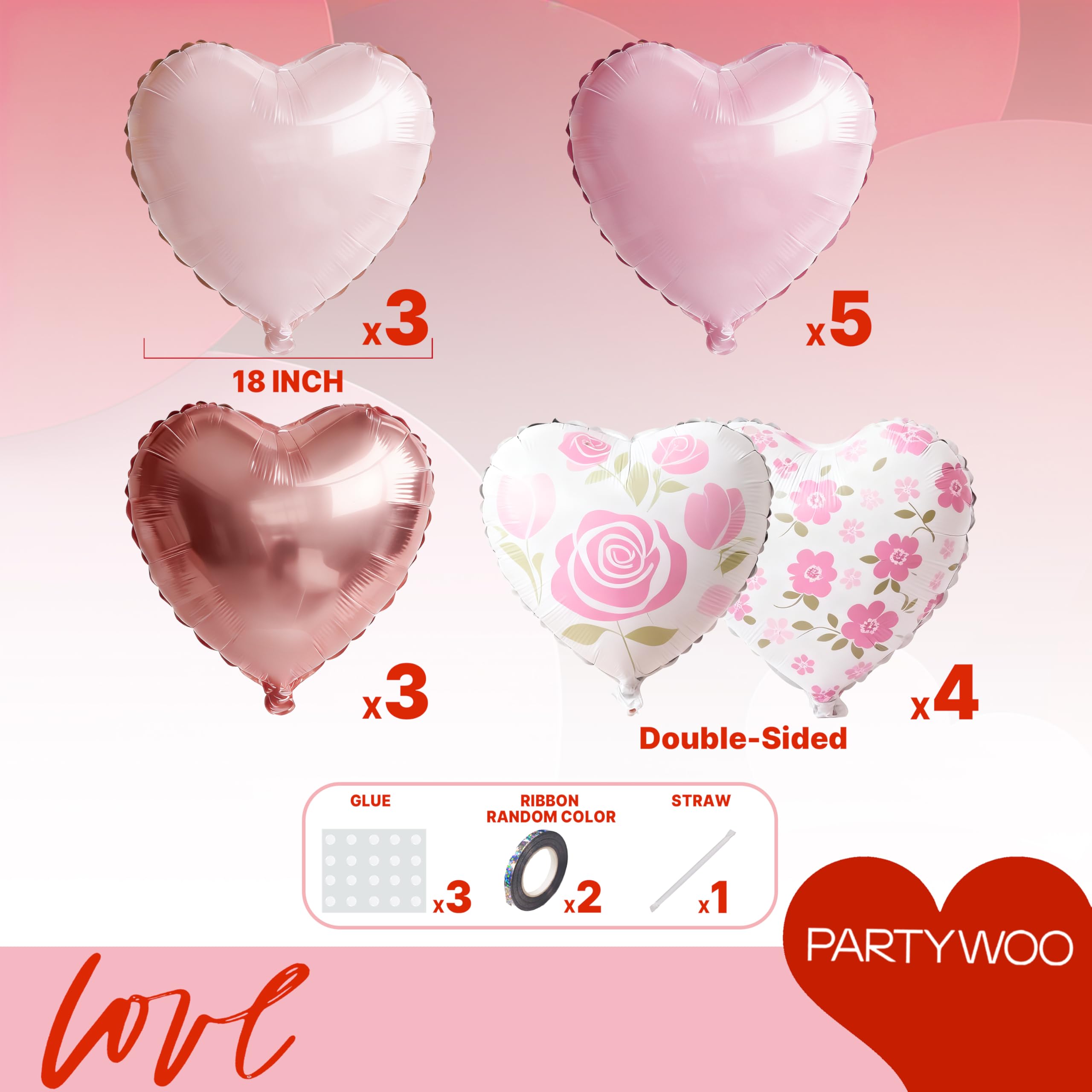 PartyWoo Valentine's Balloons - 15pcs, 18in Pink Rosegold Foil Heart Balloons for Romantic Occasions