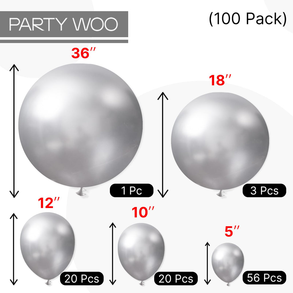 PartyWoo Silver Balloons 100 pcs – Arch Kit in 36/18/12/10/5 in Silver for Birthday, Graduation & More