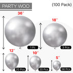 PartyWoo Silver Balloons 100 pcs – Arch Kit in 36/18/12/10/5 in Silver for Birthday, Graduation & More