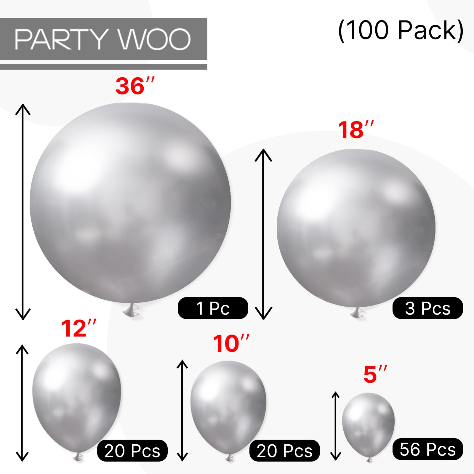 PartyWoo Silver Balloons 100 pcs – Arch Kit in 36/18/12/10/5 in Silver for Birthday, Graduation & More