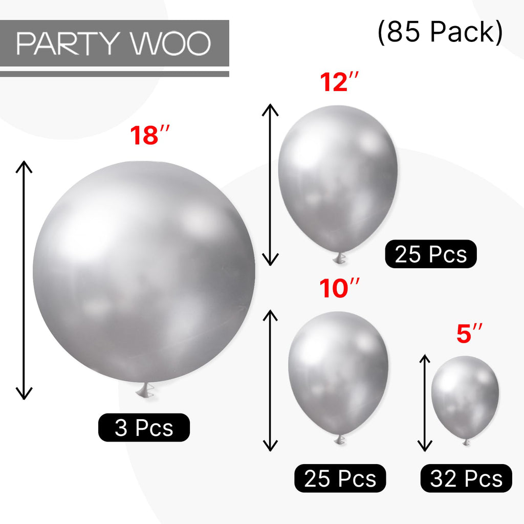 PartyWoo Metallic Silver Balloons — 85pc Pack (18in/12in/10in/5in) for Balloon Garlands & Arches