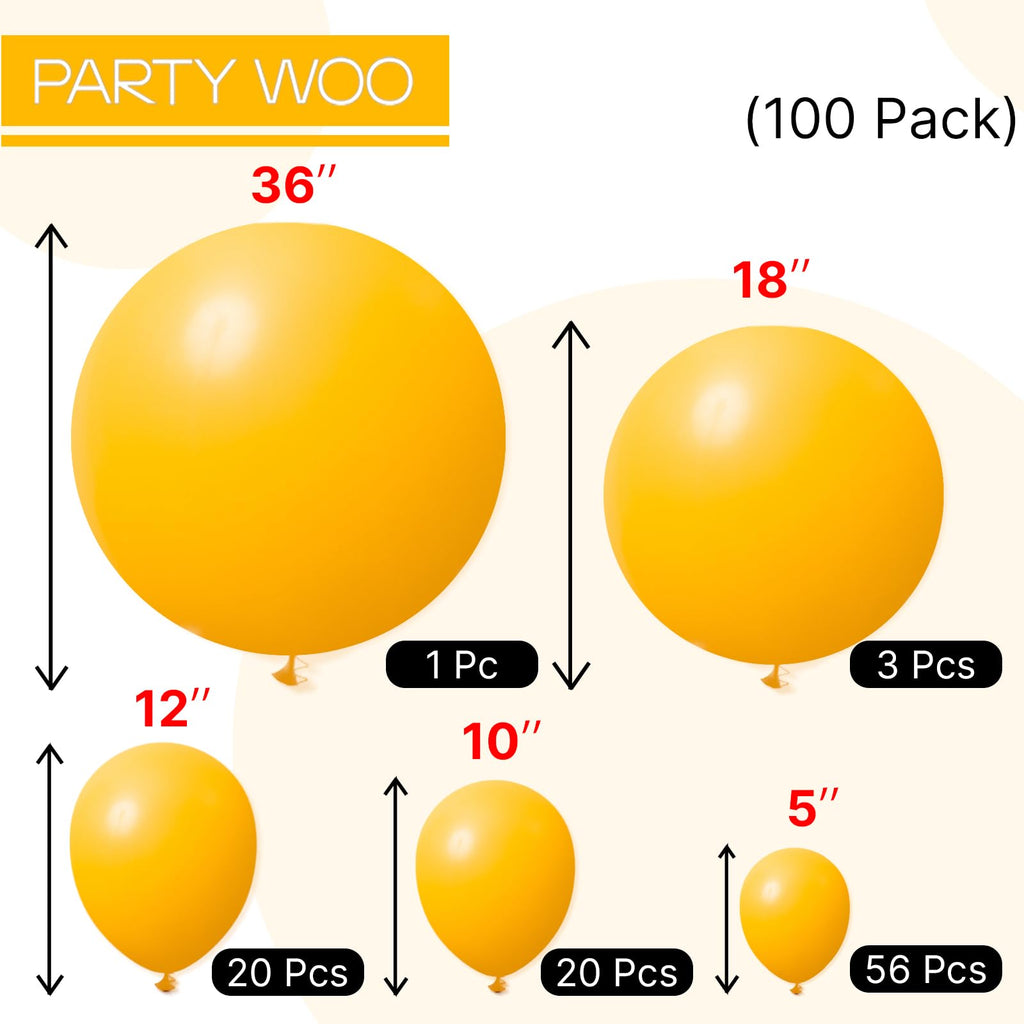 PartyWoo Mustard Yellow Balloons 100pcs | Assorted Sizes 36, 18, 12, 10 & 5 Inch