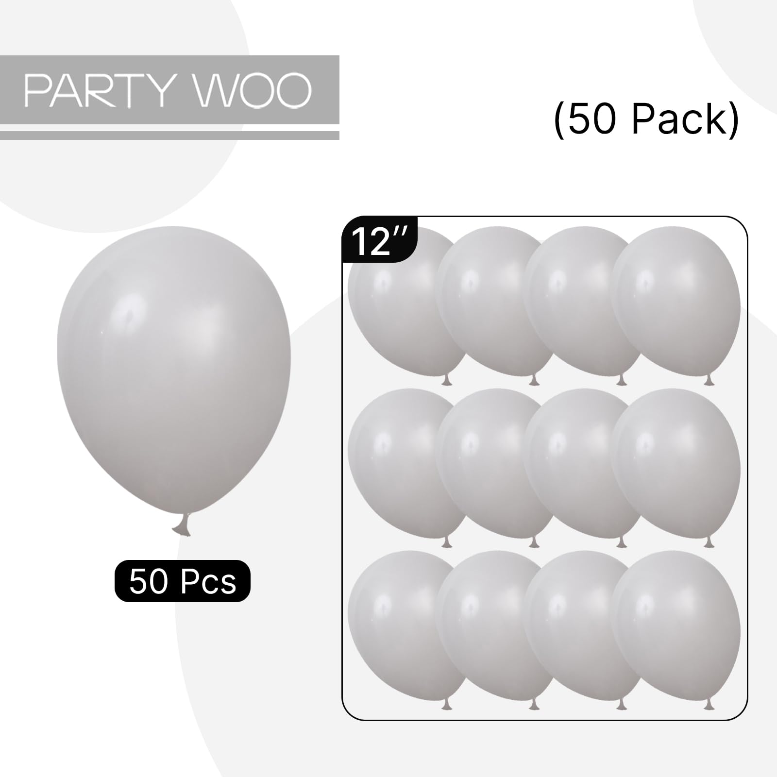 PartyWoo Gray Balloons – 50pcs, 12\" Matte Latex Helium Balloons for Baby Showers, Weddings, Birthdays