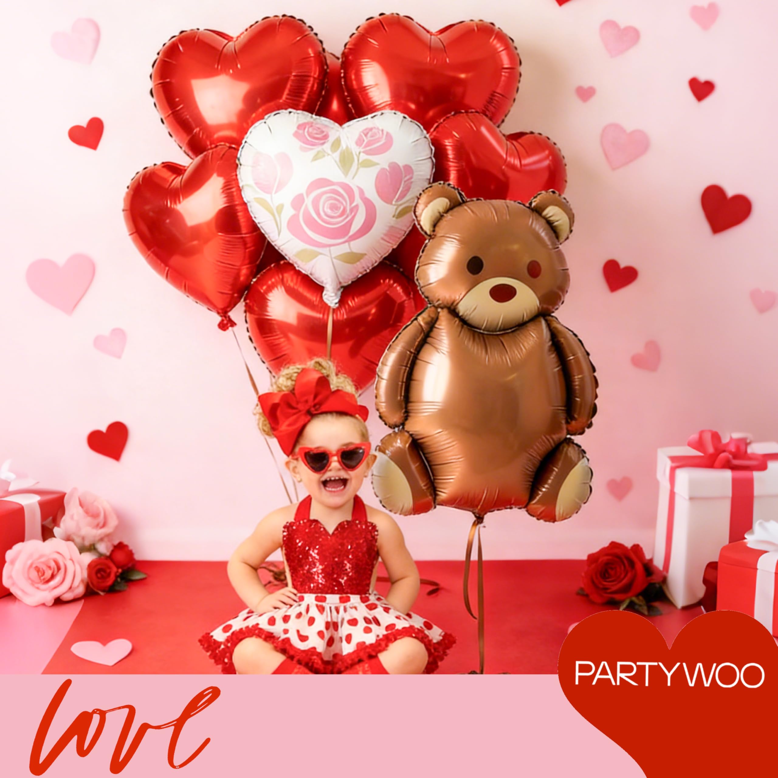 PartyWoo Valentine's Balloons — 18in Red Heart & Bear Foil Set, 15 Pieces