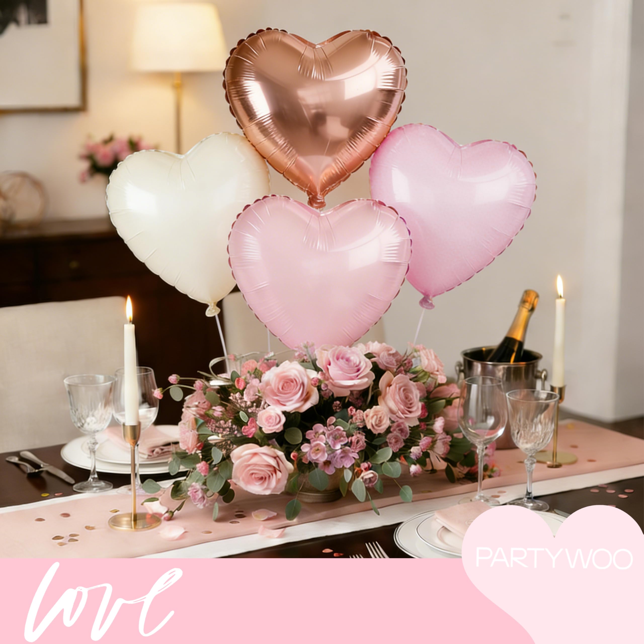 PartyWoo Valentine's Balloons - 15pc 18in Pink & Cream Boho Heart Foil Balloons