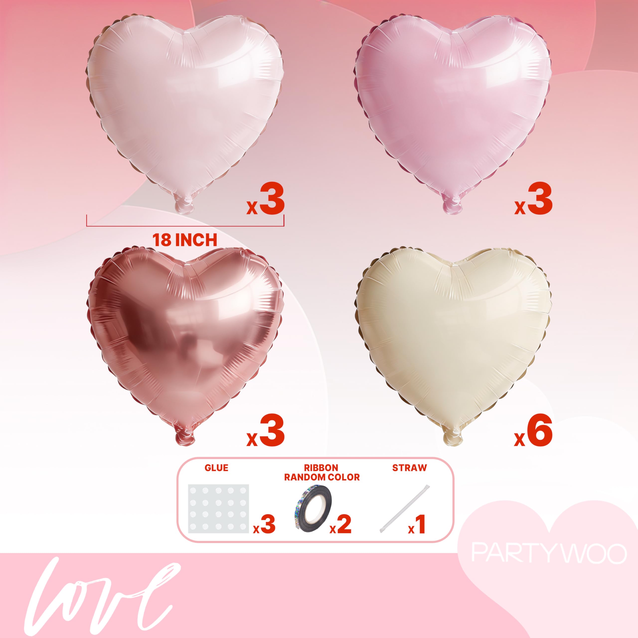 PartyWoo Valentine's Balloons - 15pc 18in Pink & Cream Boho Heart Foil Balloons