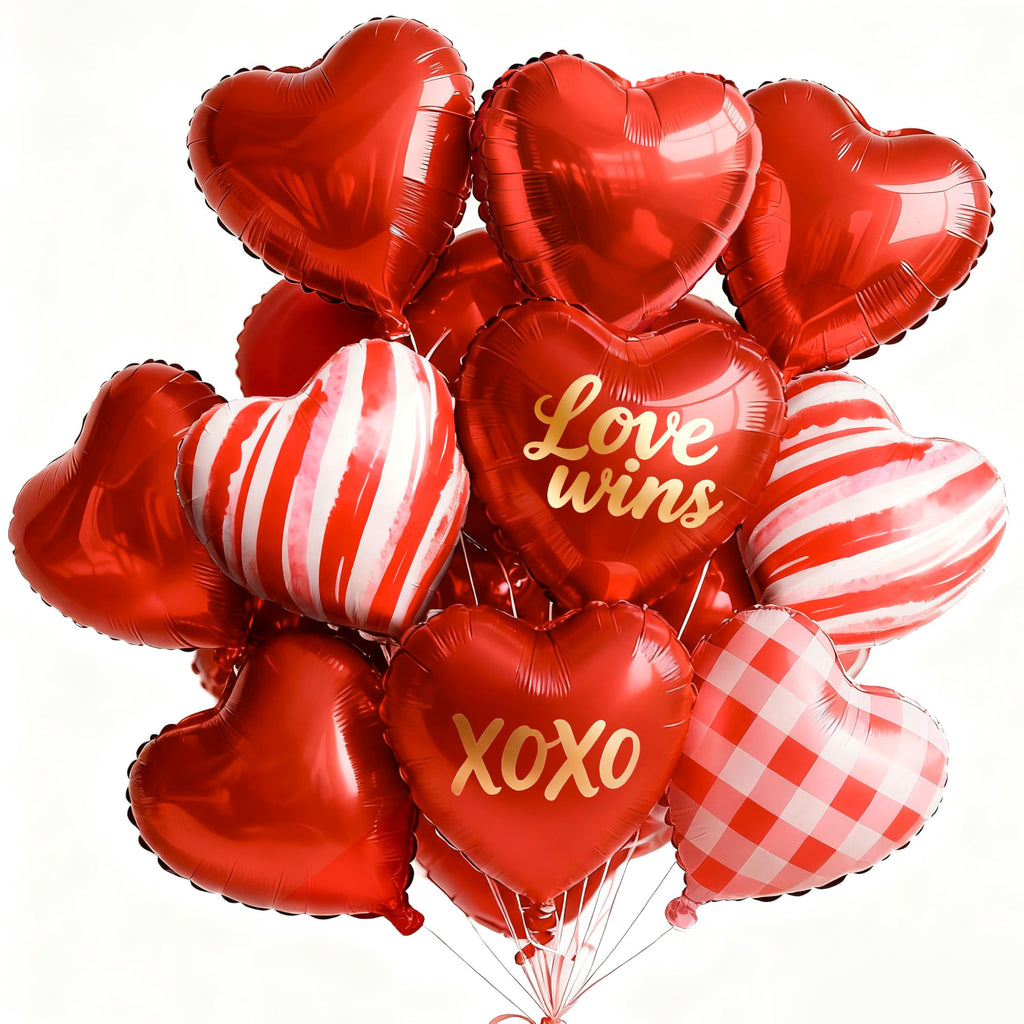 PartyWoo Valentine's Balloons 15pc 18in Foil Red Heart Set – XOXO & Love Wins