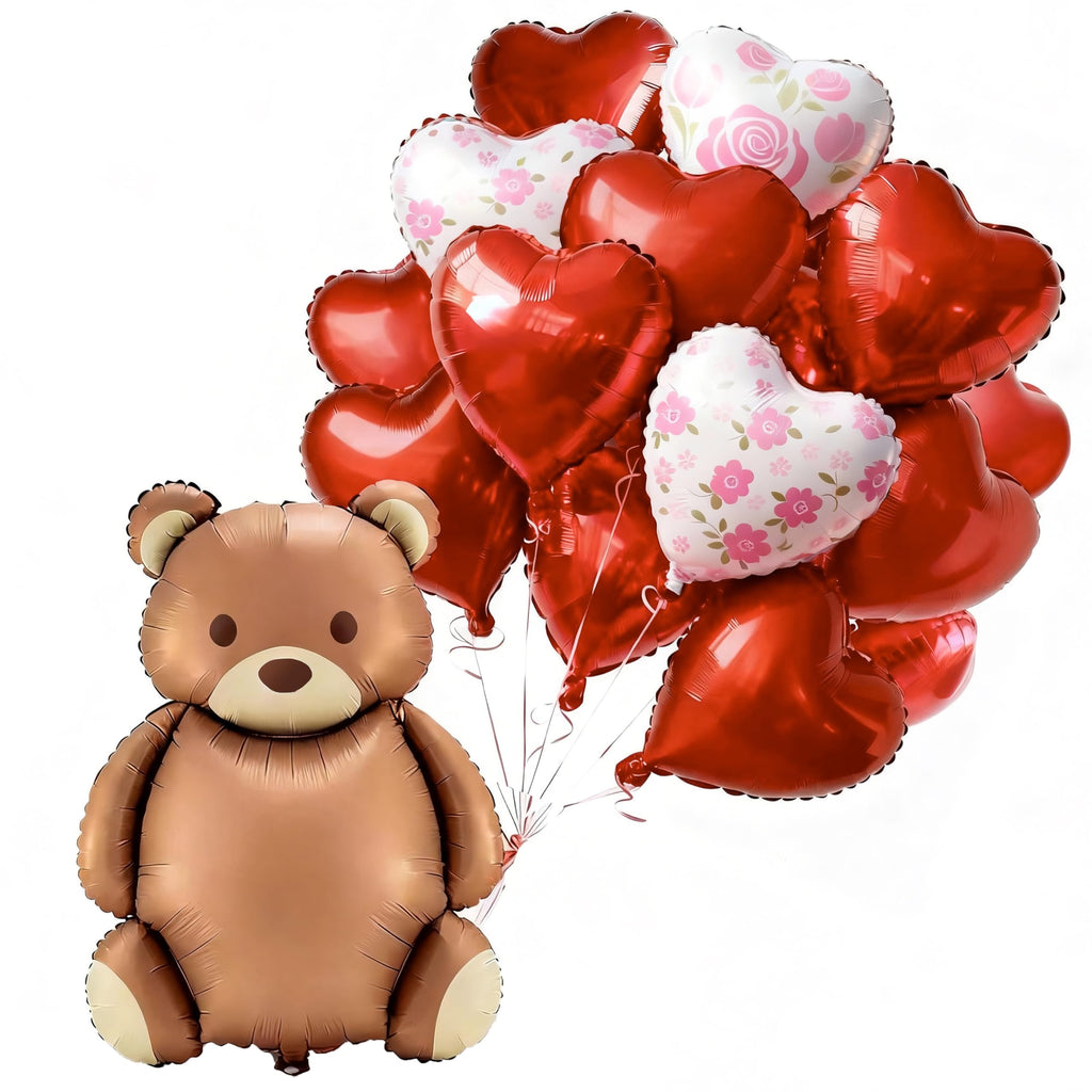 PartyWoo Valentine's Balloons — 18in Red Heart & Bear Foil Set, 15 Pieces