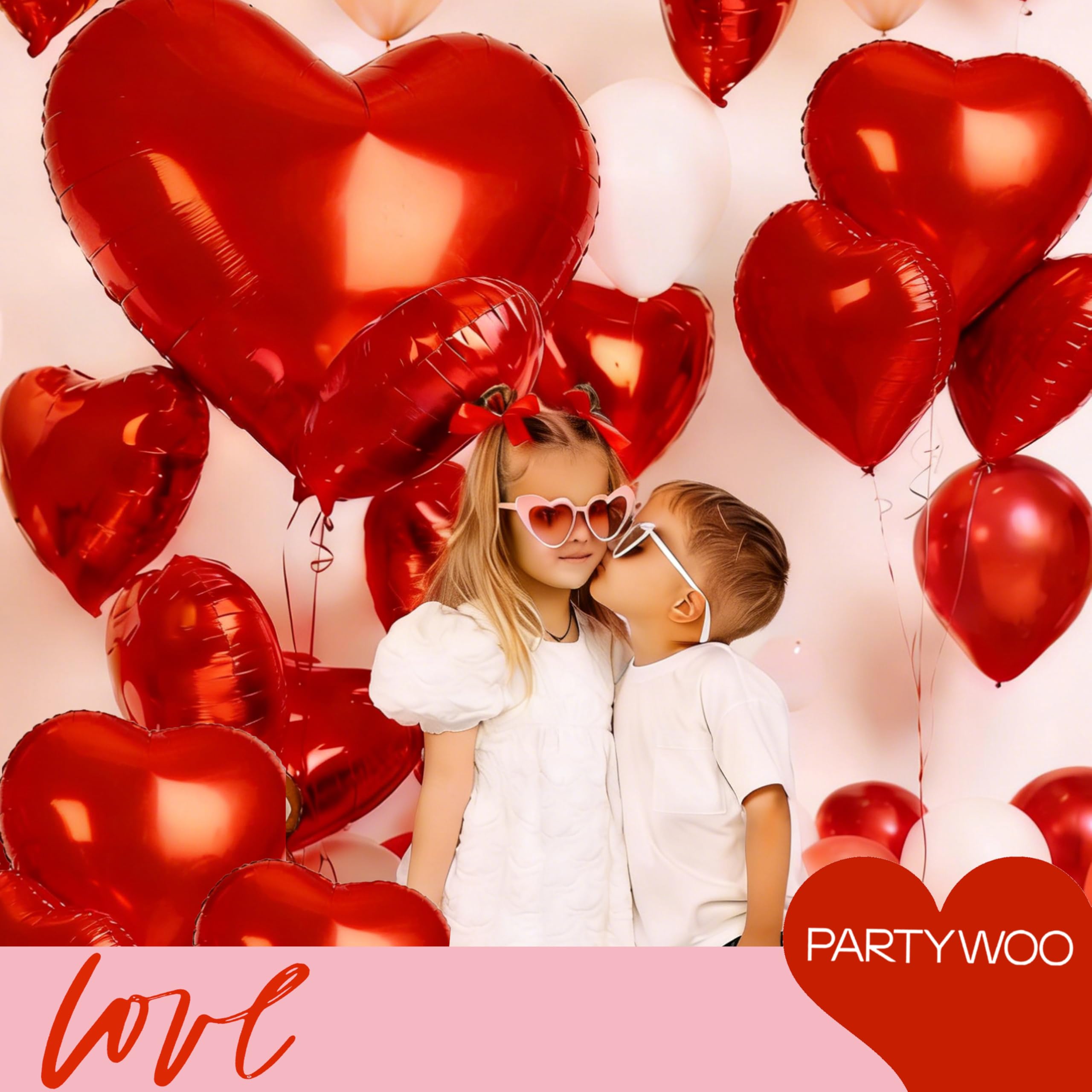 PartyWoo Valentine's Balloons Set – 15pc Red Heart Foil Balloons (18in & 24in)