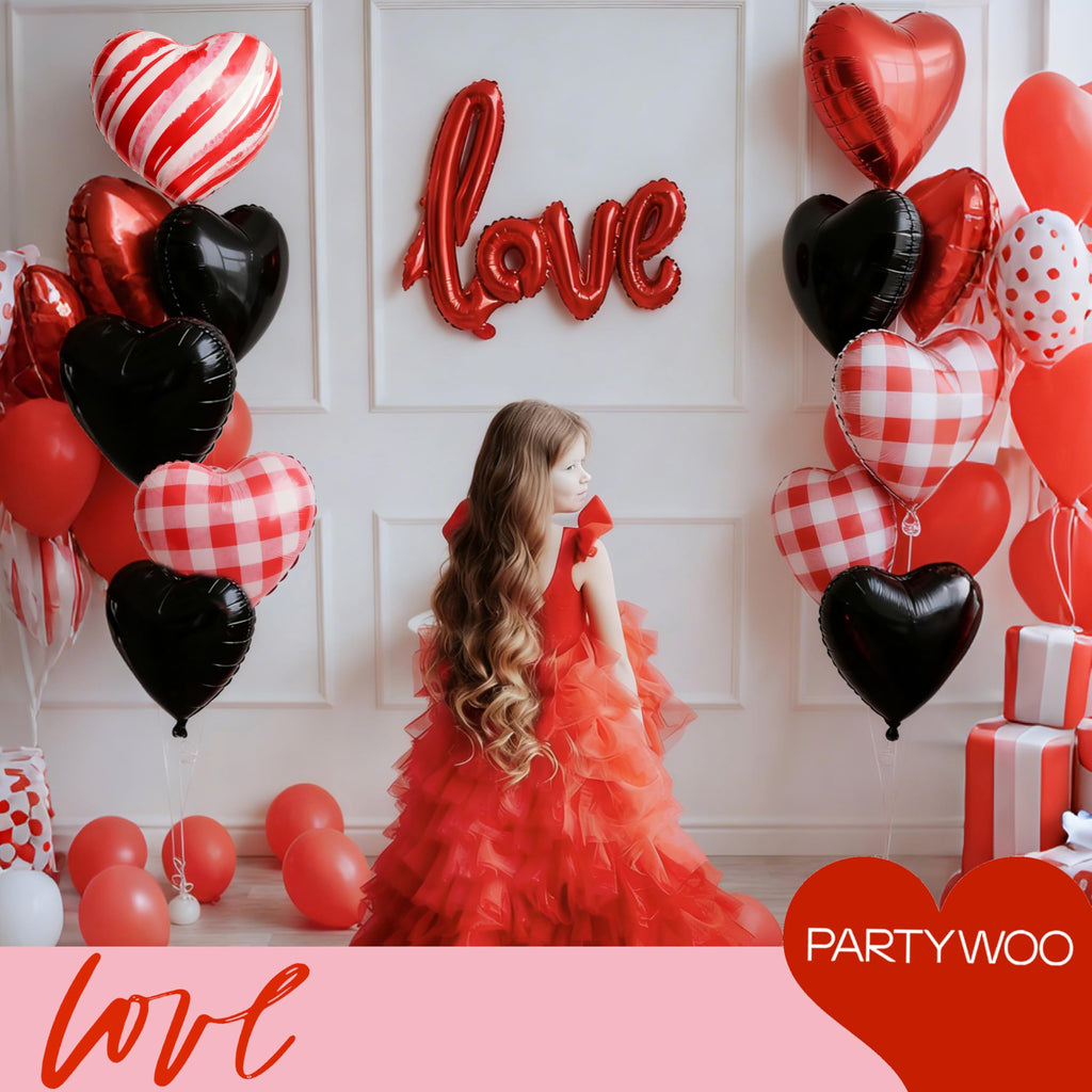 PartyWoo Valentine's Balloons 15pcs – 18in Red & Black Heart Foil Balloons for Romantic Decor