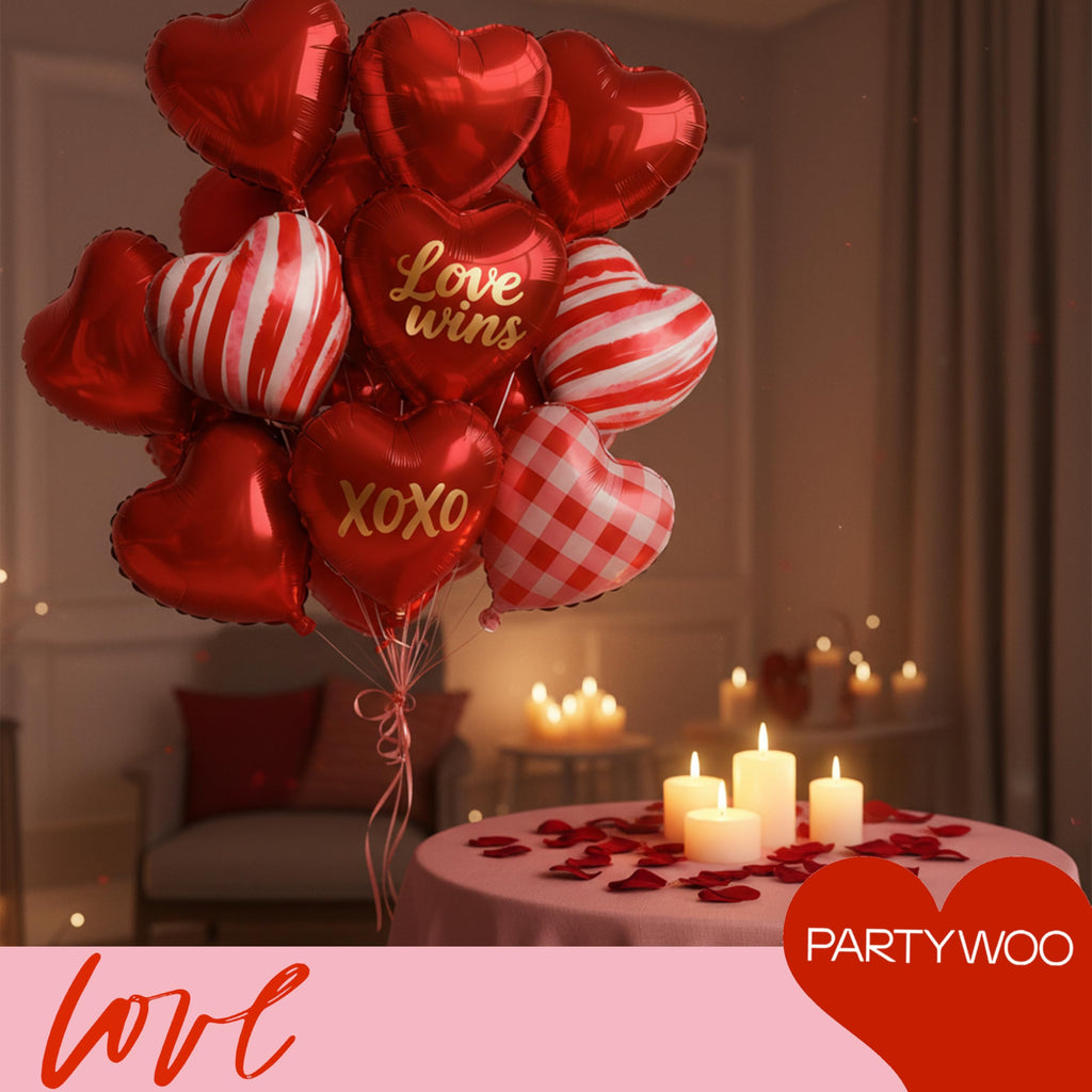 PartyWoo Valentine's Balloons 15pc 18in Foil Red Heart Set – XOXO & Love Wins