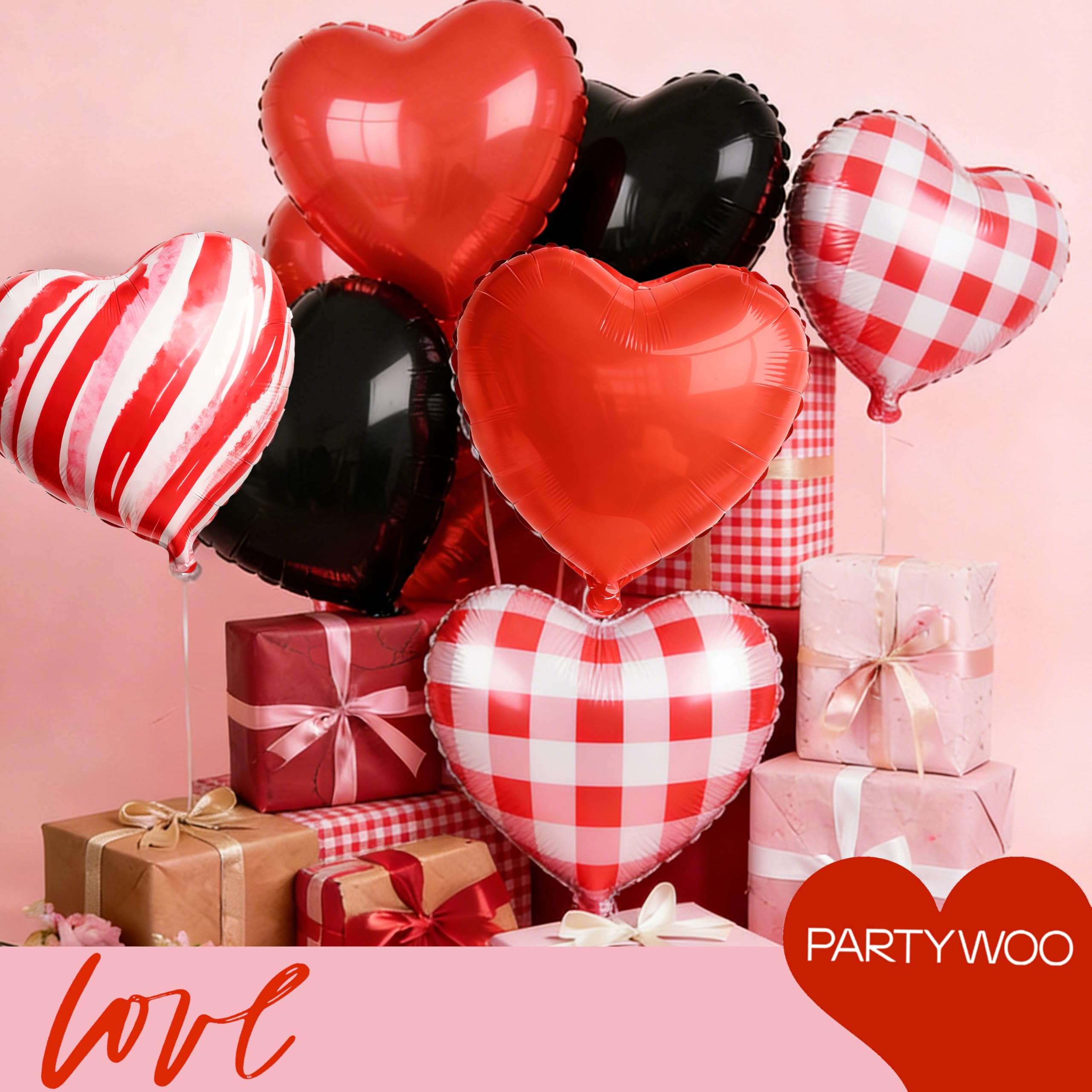 PartyWoo Valentine's Balloons 15pcs – 18in Red & Black Heart Foil Balloons for Romantic Decor