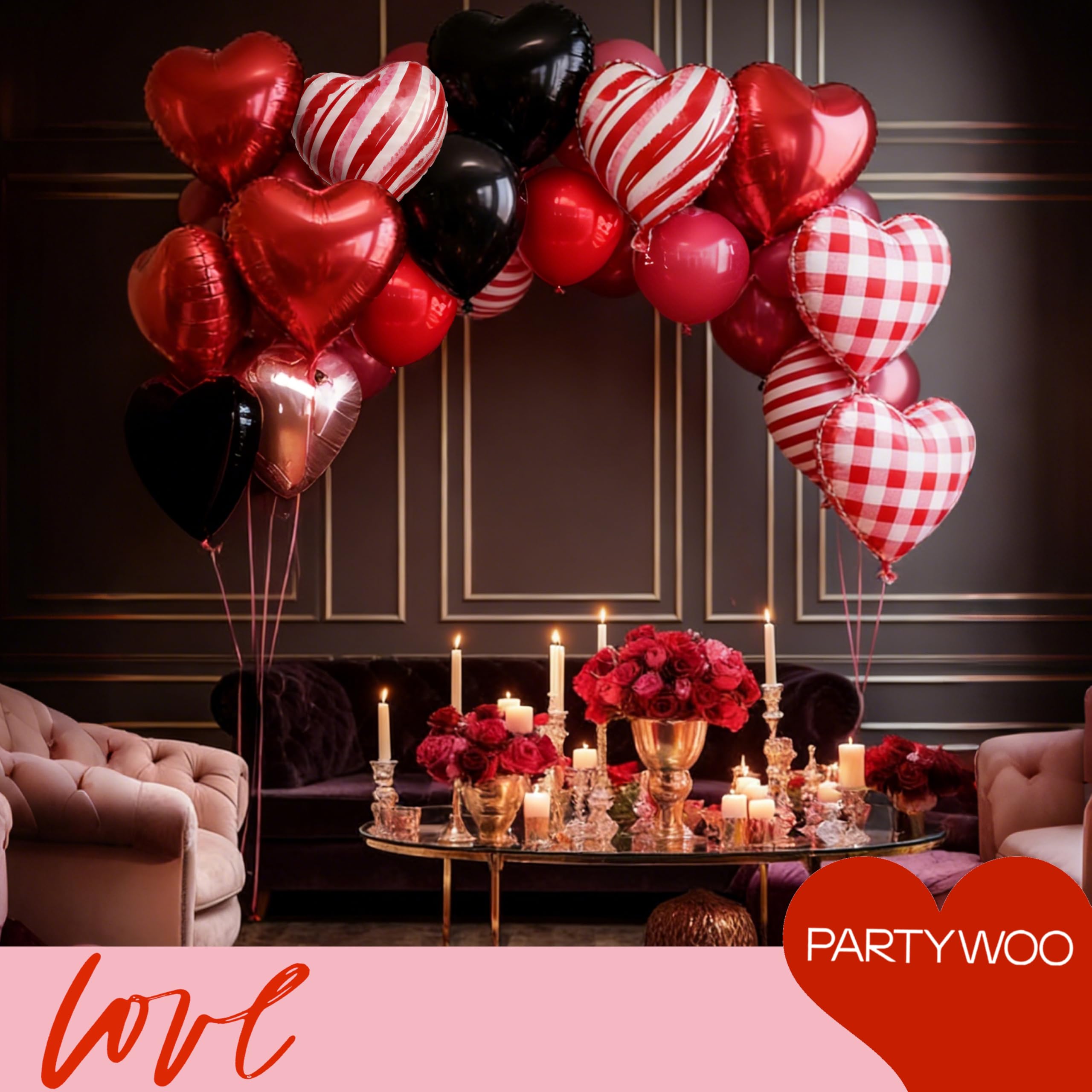 PartyWoo Valentine's Balloons 15pcs – 18in Red & Black Heart Foil Balloons for Romantic Decor
