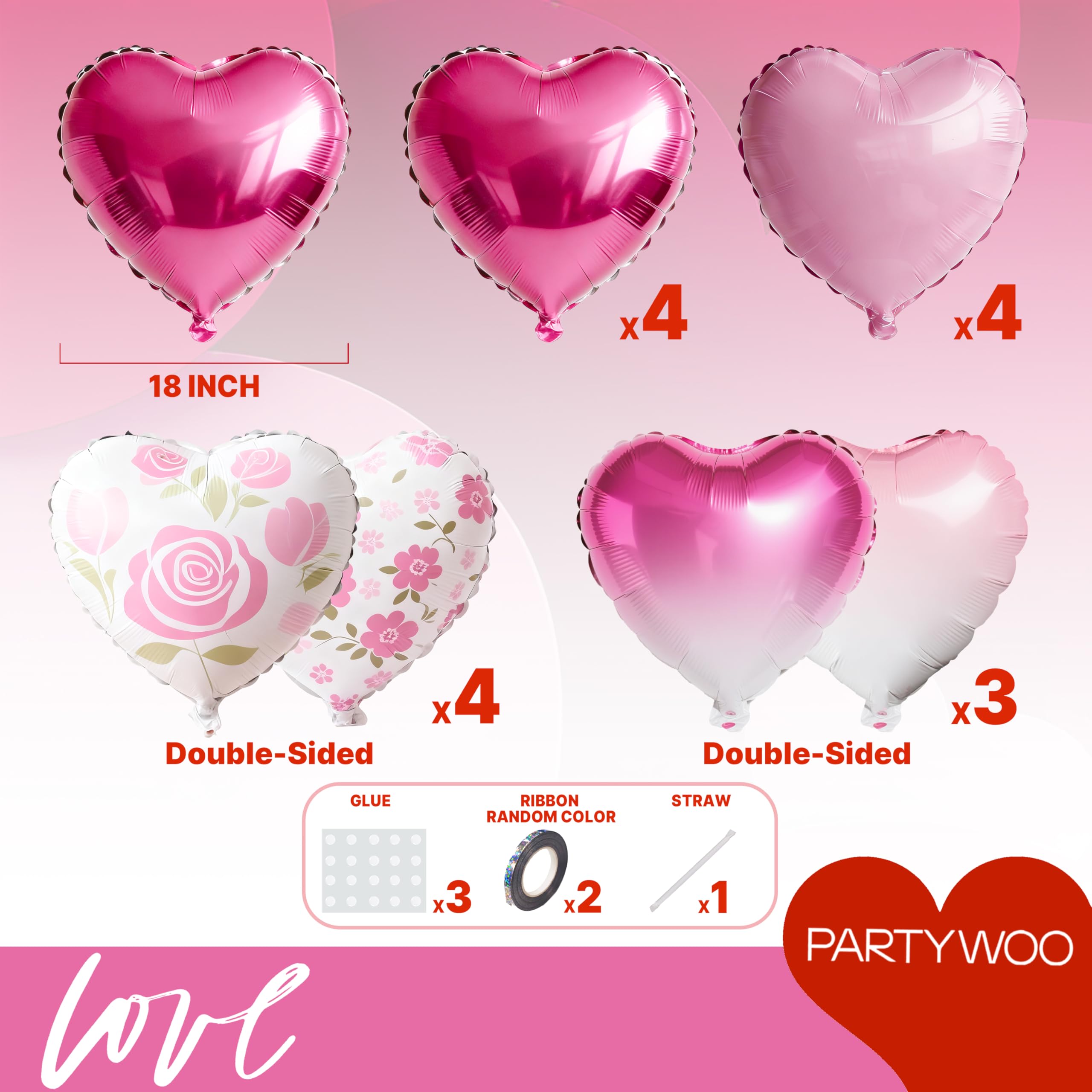 PartyWoo Valentine's Balloons 15pcs 18in Pink, Hot Pink & White Foil Heart Balloons – Romantic Decor for Valentine’s Day & More