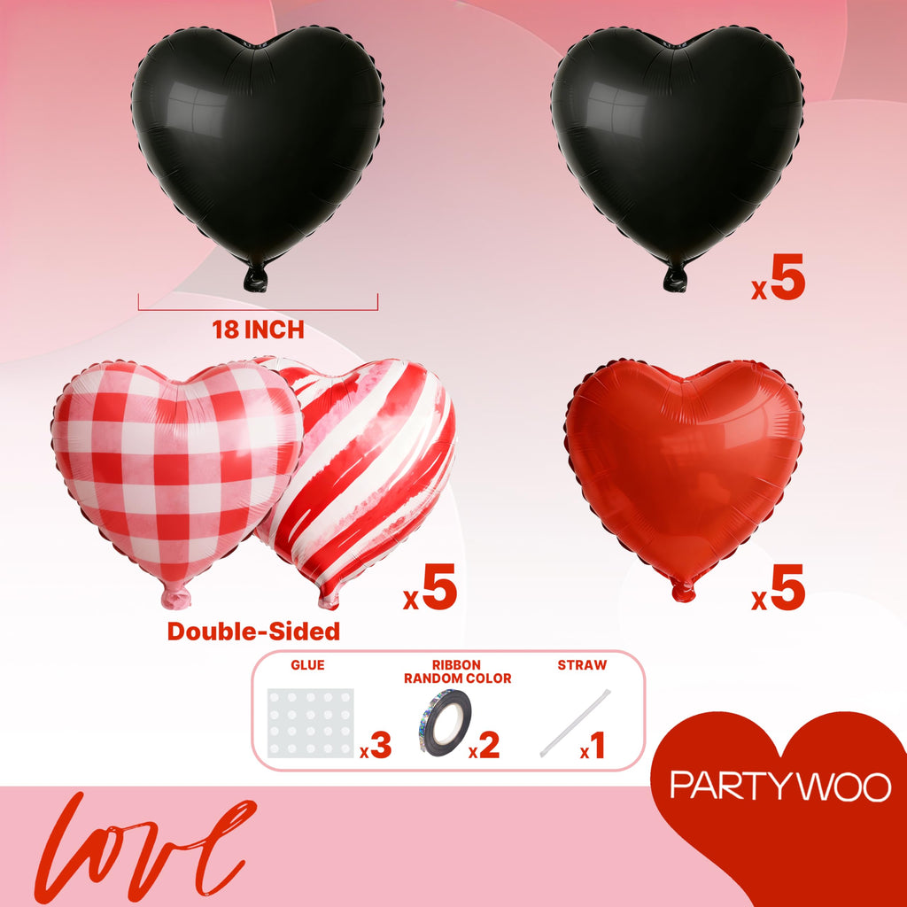 PartyWoo Valentine's Balloons 15pcs – 18in Red & Black Heart Foil Balloons for Romantic Decor