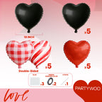 PartyWoo Valentine's Balloons 15pcs – 18in Red & Black Heart Foil Balloons for Romantic Decor