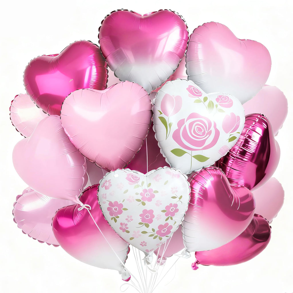 PartyWoo Valentine's Balloons 15pcs 18in Pink, Hot Pink & White Foil Heart Balloons – Romantic Decor for Valentine’s Day & More