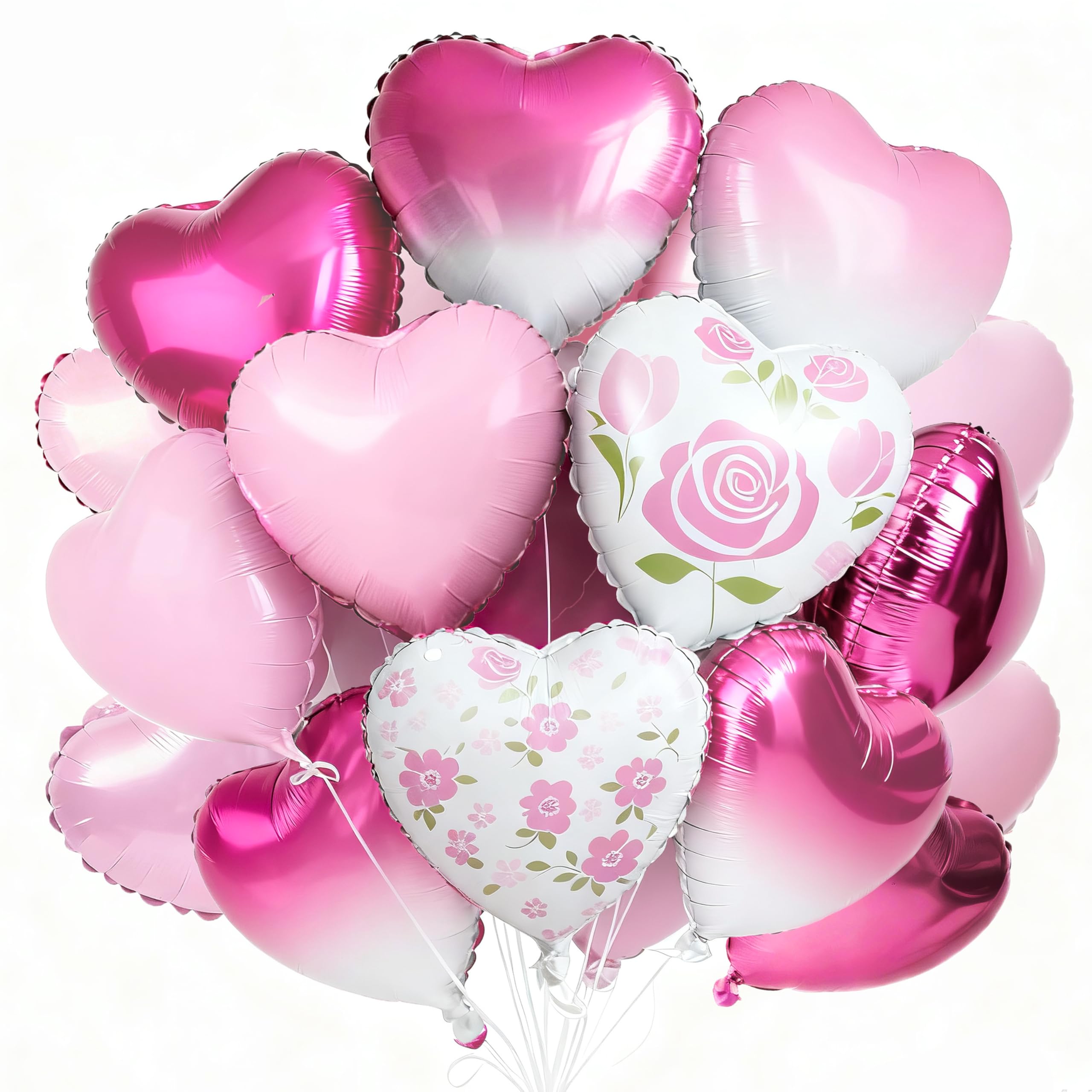 PartyWoo Valentine's Balloons 15pcs 18in Pink, Hot Pink & White Foil Heart Balloons – Romantic Decor for Valentine’s Day & More
