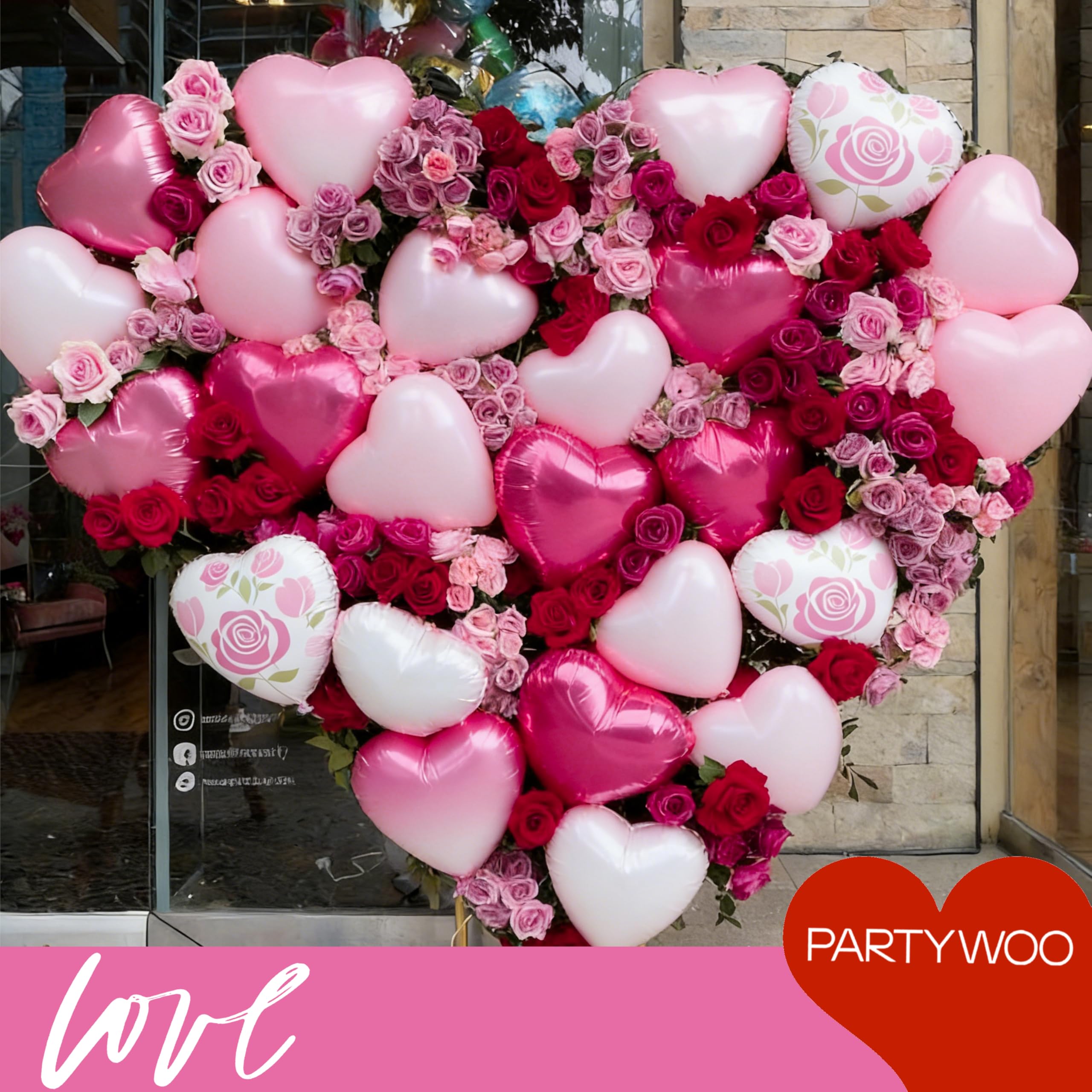 PartyWoo Valentine's Balloons 15pcs 18in Pink, Hot Pink & White Foil Heart Balloons – Romantic Decor for Valentine’s Day & More