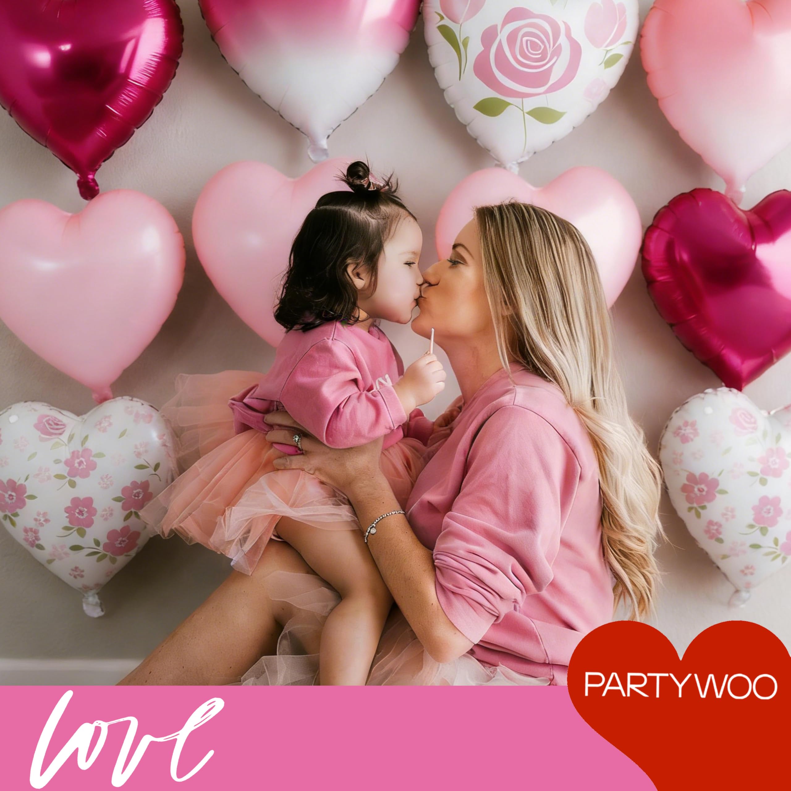PartyWoo Valentine's Balloons 15pcs 18in Pink, Hot Pink & White Foil Heart Balloons – Romantic Decor for Valentine’s Day & More