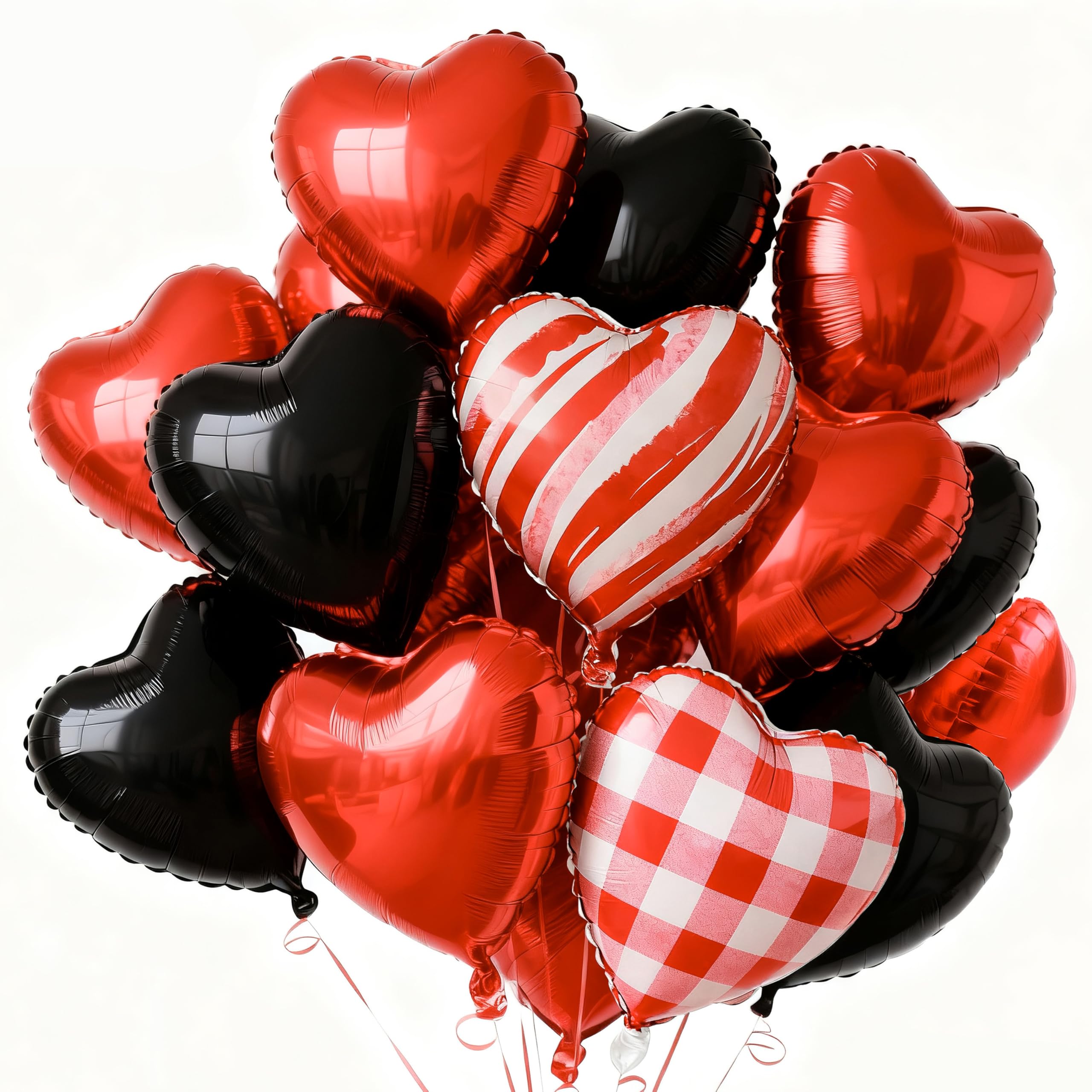 PartyWoo Valentine's Balloons 15pcs – 18in Red & Black Heart Foil Balloons for Romantic Decor