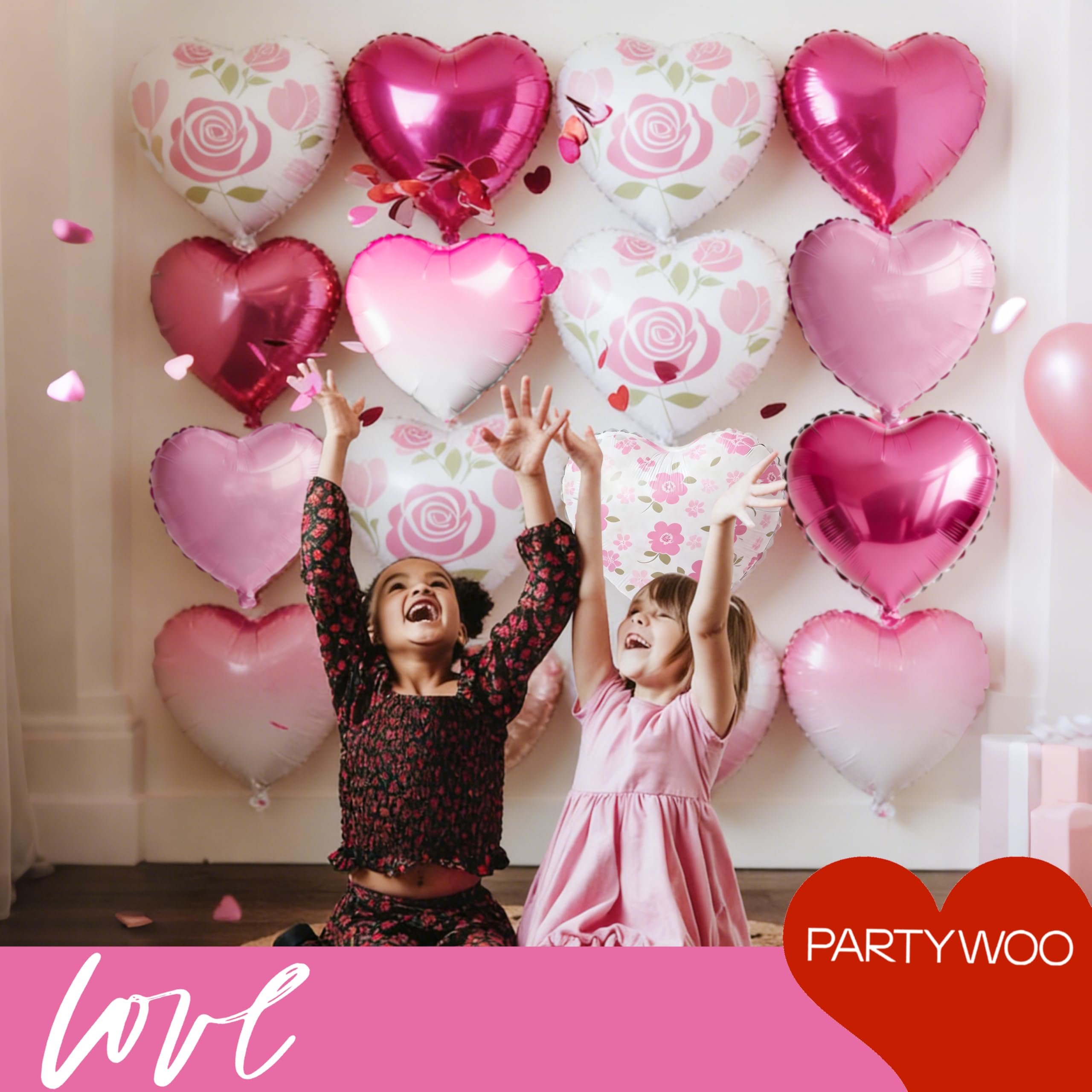 PartyWoo Valentine's Balloons 15pcs 18in Pink, Hot Pink & White Foil Heart Balloons – Romantic Decor for Valentine’s Day & More