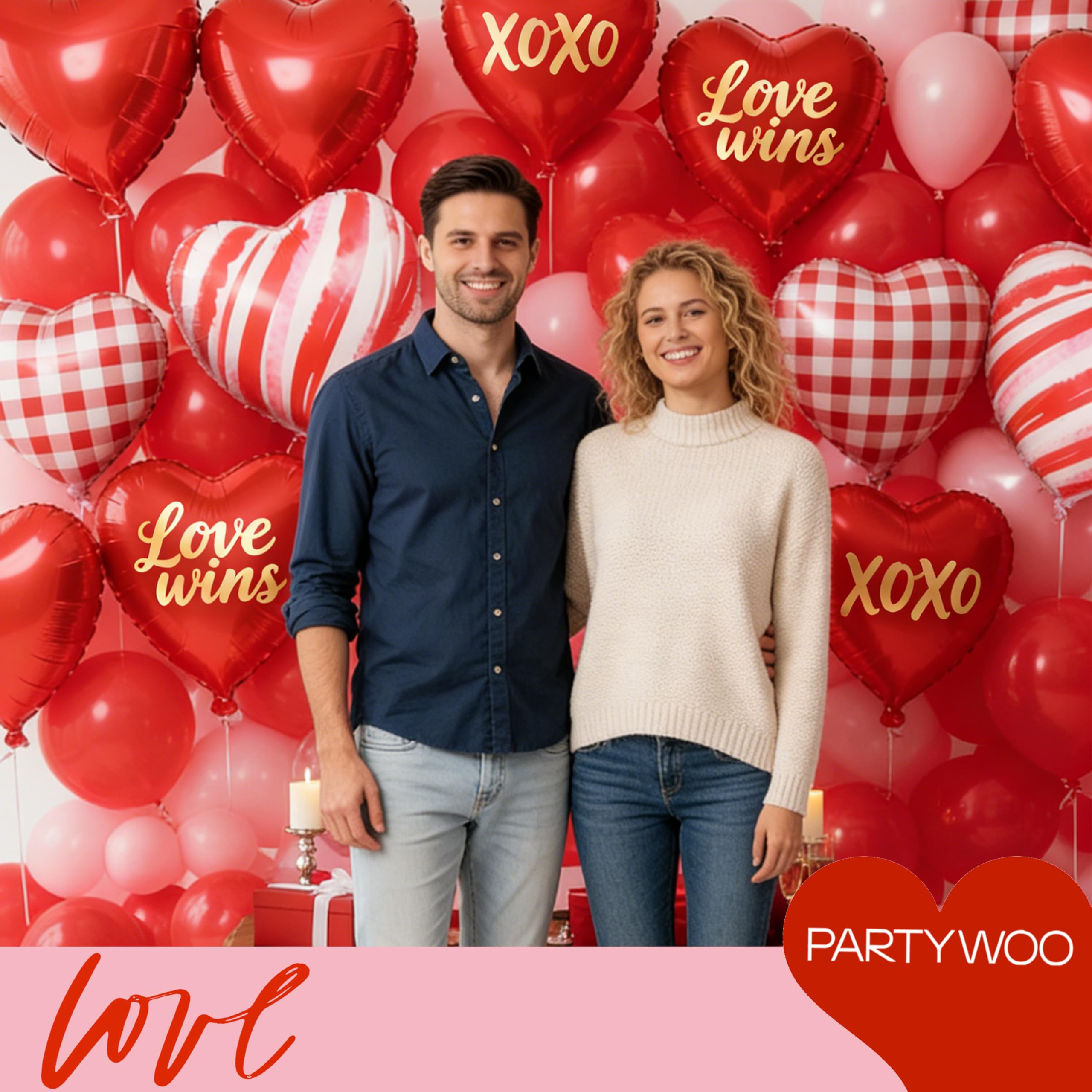 PartyWoo Valentine's Balloons 15pc 18in Foil Red Heart Set – XOXO & Love Wins