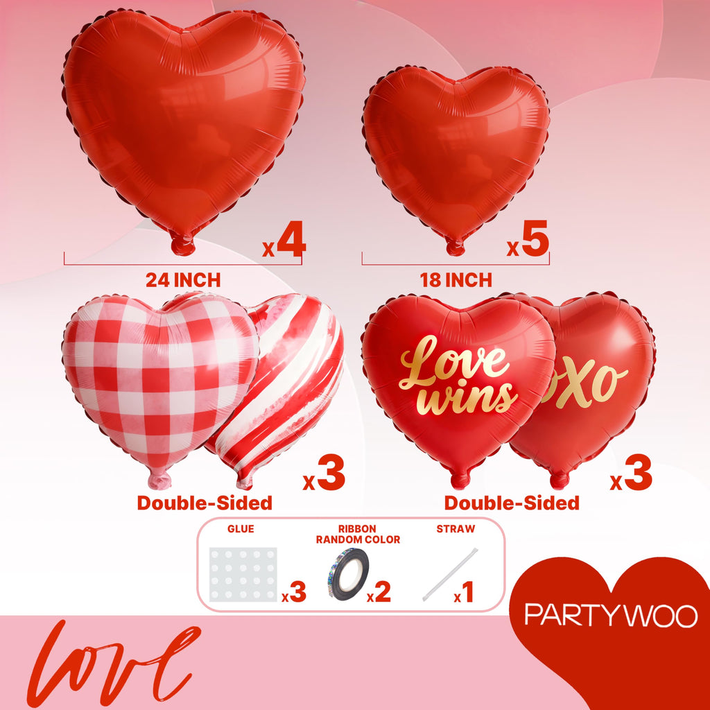 PartyWoo Valentine's Balloons Set – 15pc Red Heart Foil Balloons (18in & 24in)