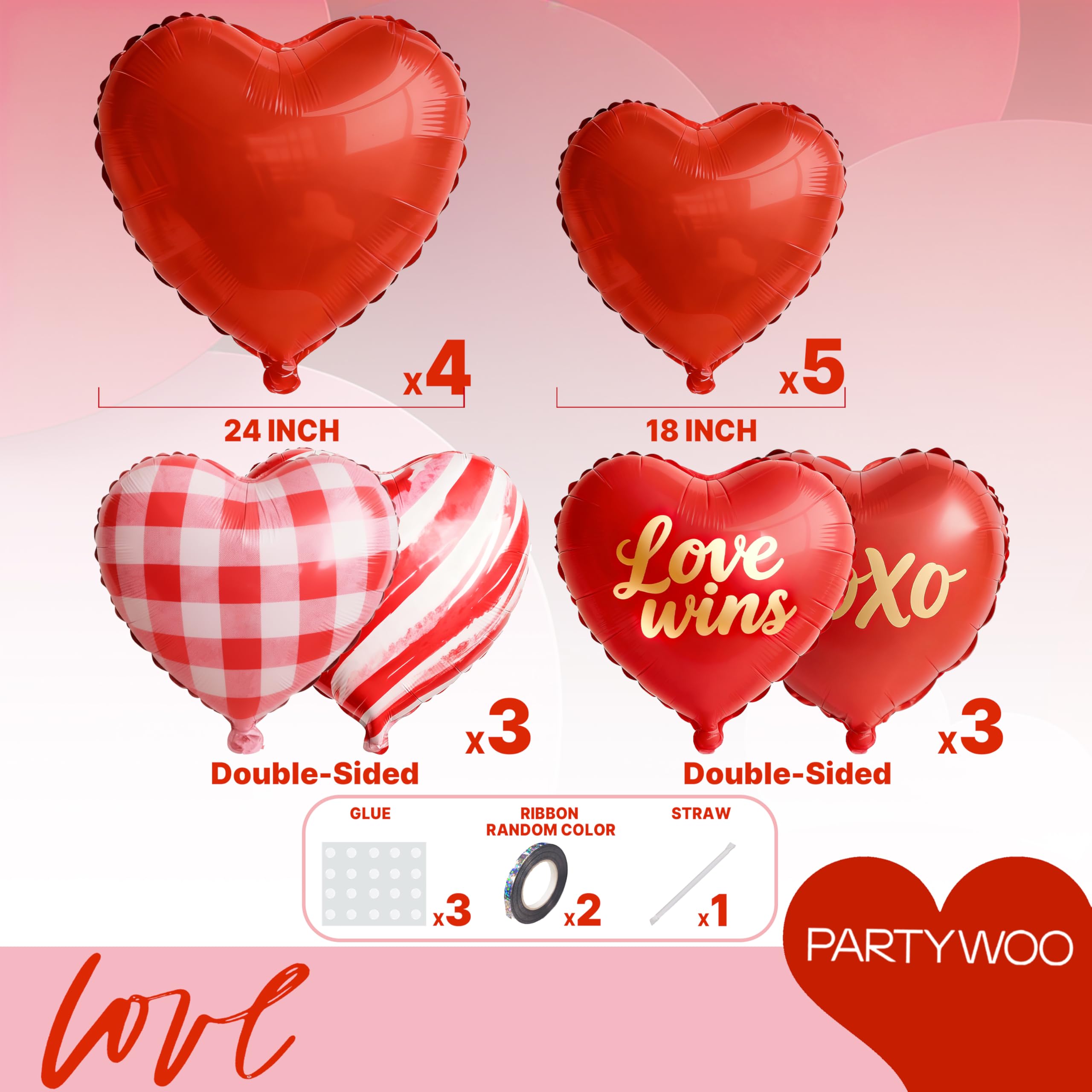 PartyWoo Valentine's Balloons Set – 15pc Red Heart Foil Balloons (18in & 24in)