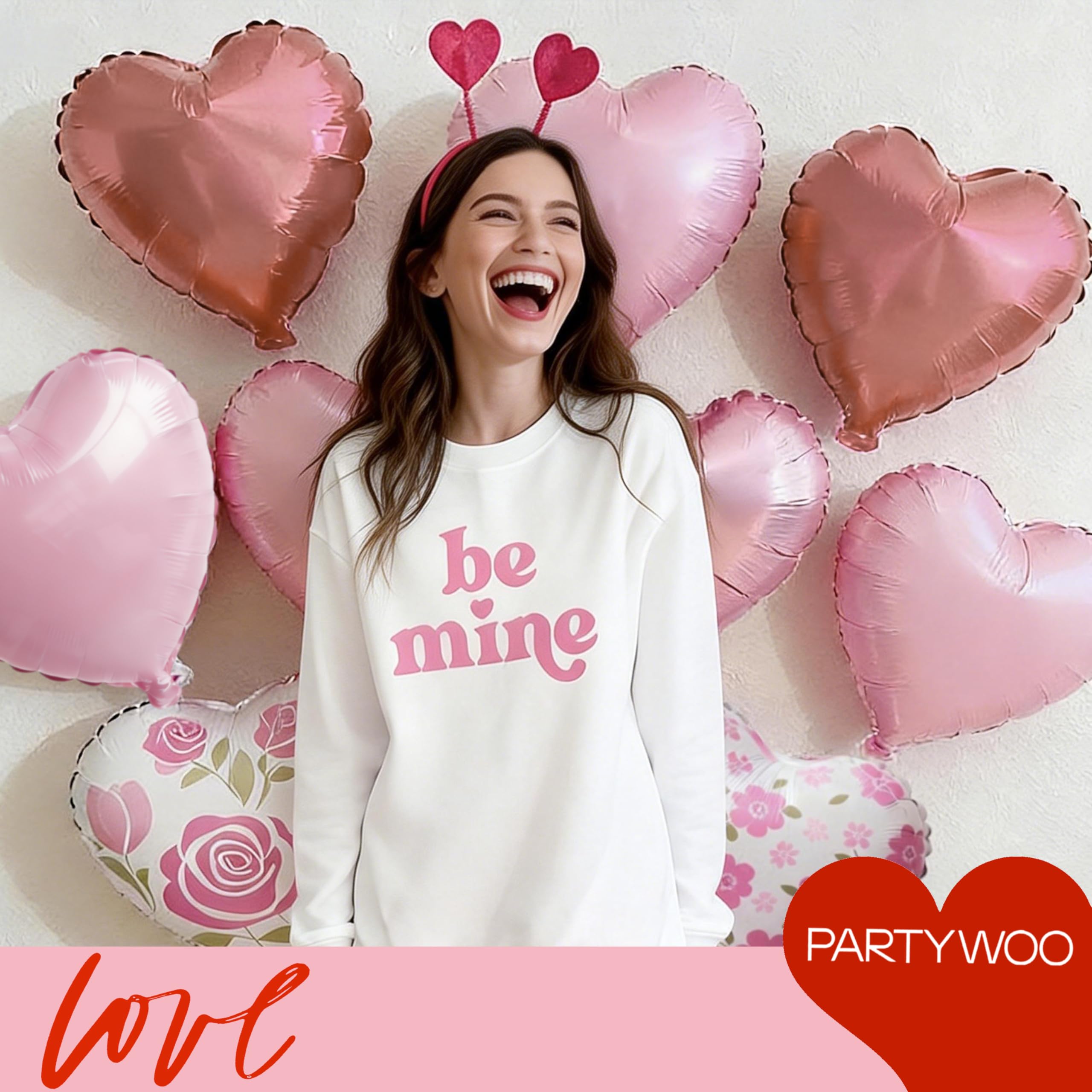 PartyWoo Valentine's Balloons - 15pcs, 18in Pink Rosegold Foil Heart Balloons for Romantic Occasions