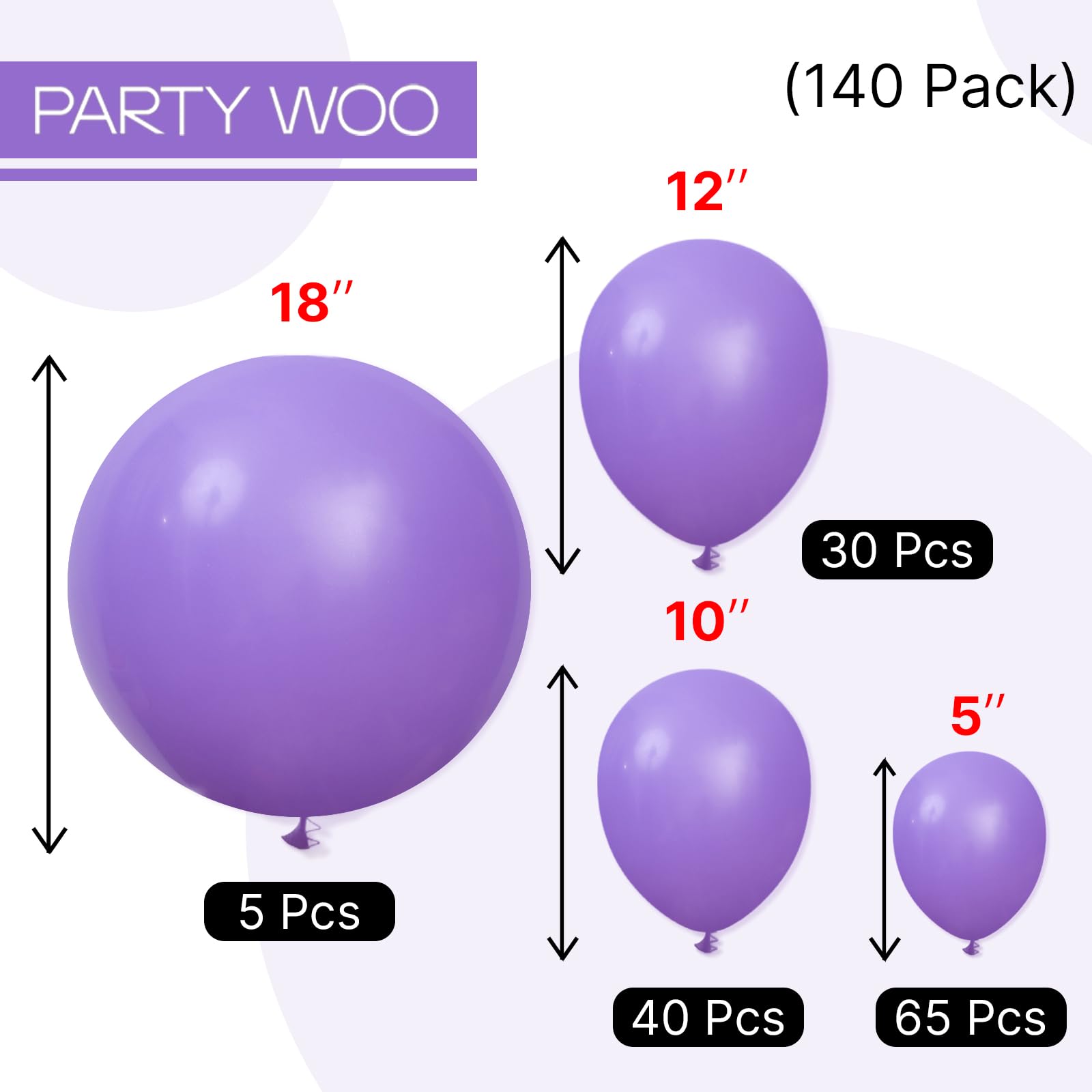 PartyWoo Purple Balloons 140 pcs — Arch Kit (18/12/10/5in) for Parties