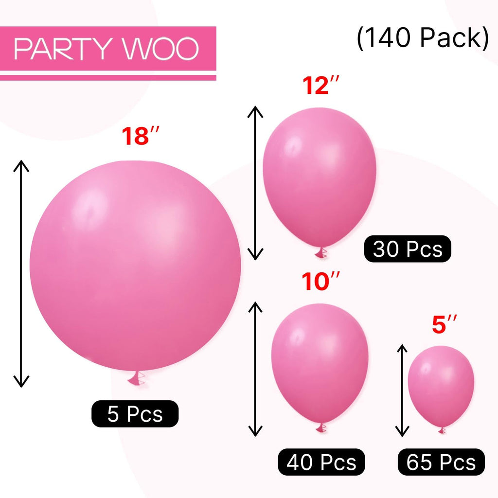 PartyWoo Hot Pink Balloons 140pcs – 18/12/10/5in Magenta Arch Garland Kit for Weddings & Parties