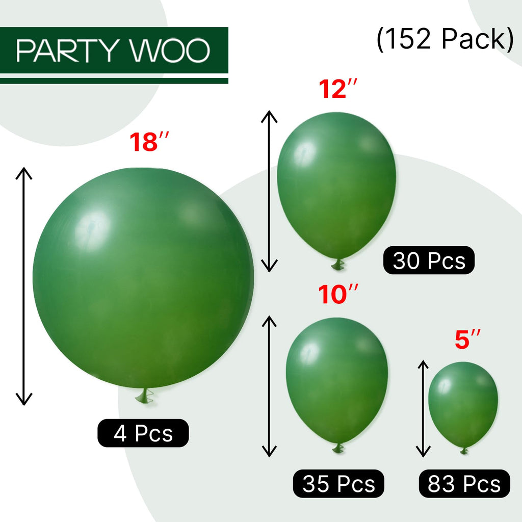 PartyWoo Dark Green Balloons 152pcs – Emerald Hunter Forest Party Kit (18/12/10/5 in) Arch & Garland Decor