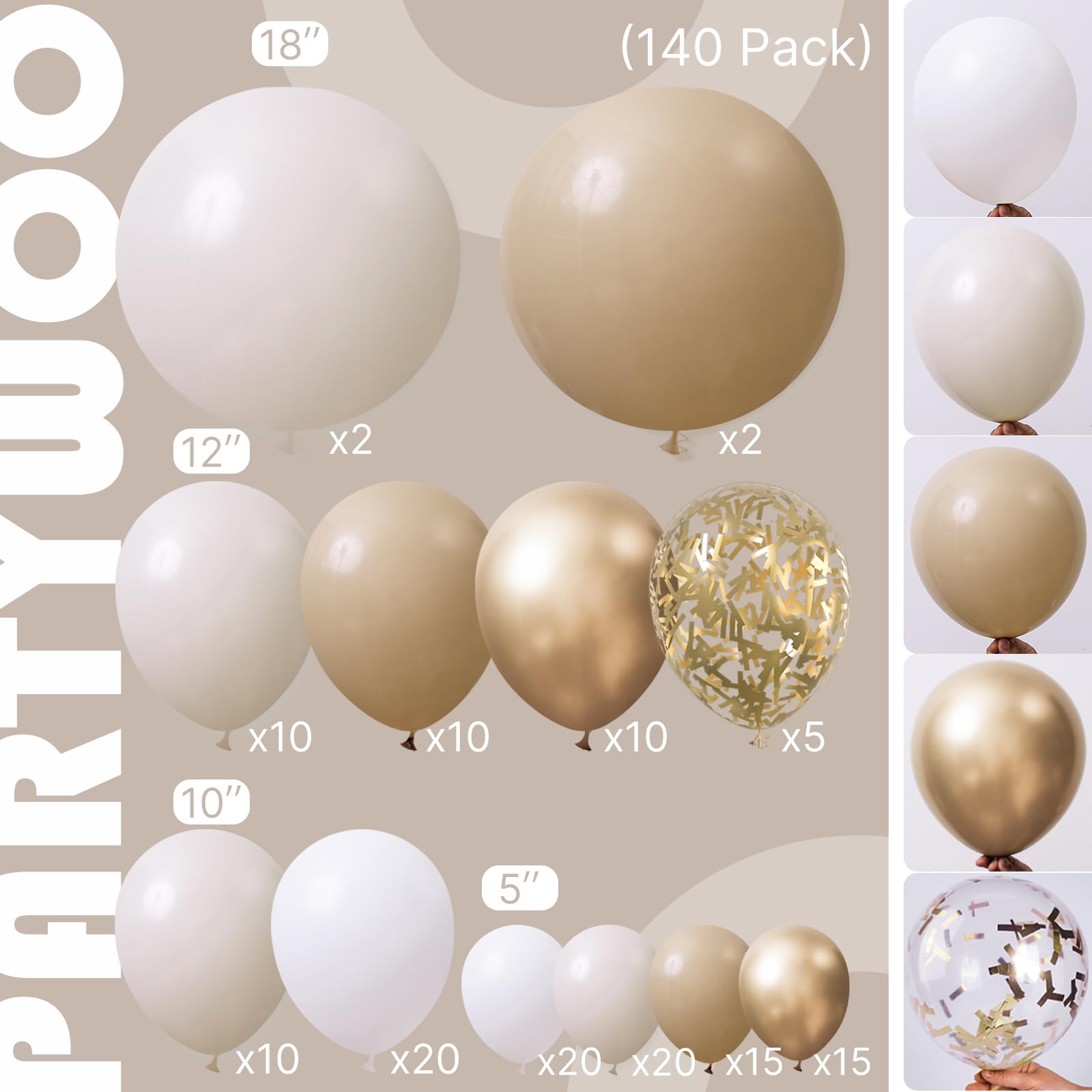 PartyWoo Neutral Balloon Arch Kit – 140pc Boho Ivory, White, Sand, Gold Confetti Balloons for Weddings & Parties
