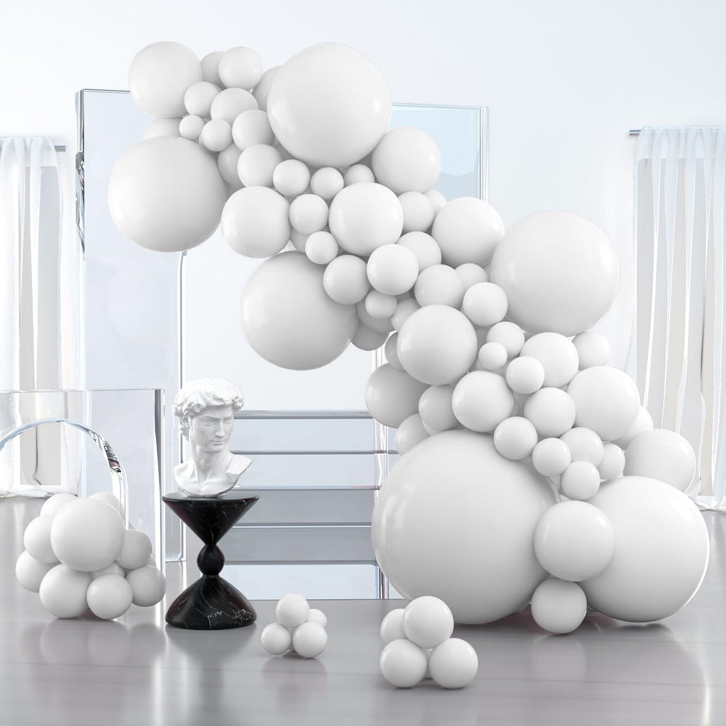 PartyWoo White Balloons 127pc Matte Latex Set — 36in to 5in for Weddings, Birthdays, and More