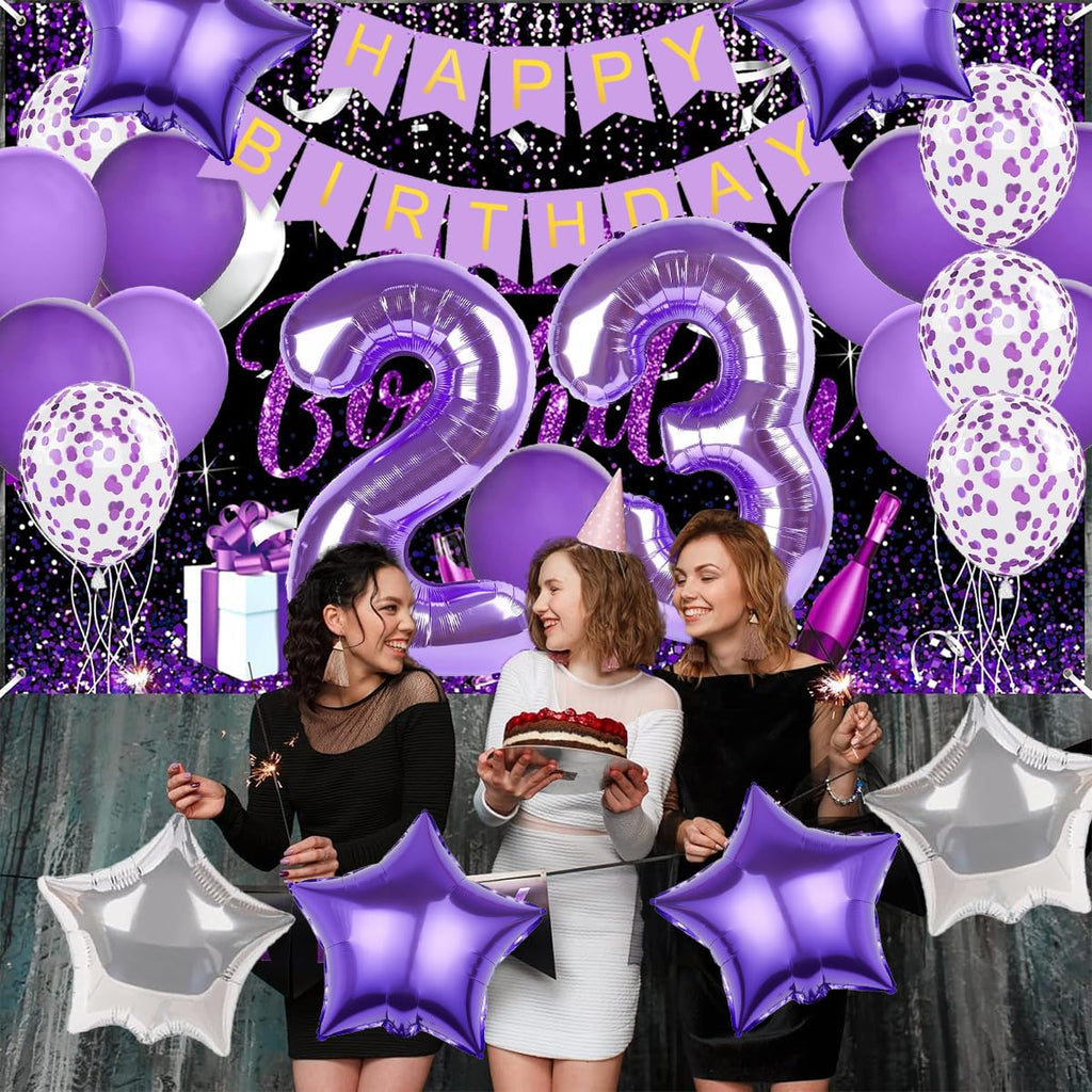 Pasiihol Happy 23 Birthday Decorations — Purple Banner & 40-Inch Balloon Numbers