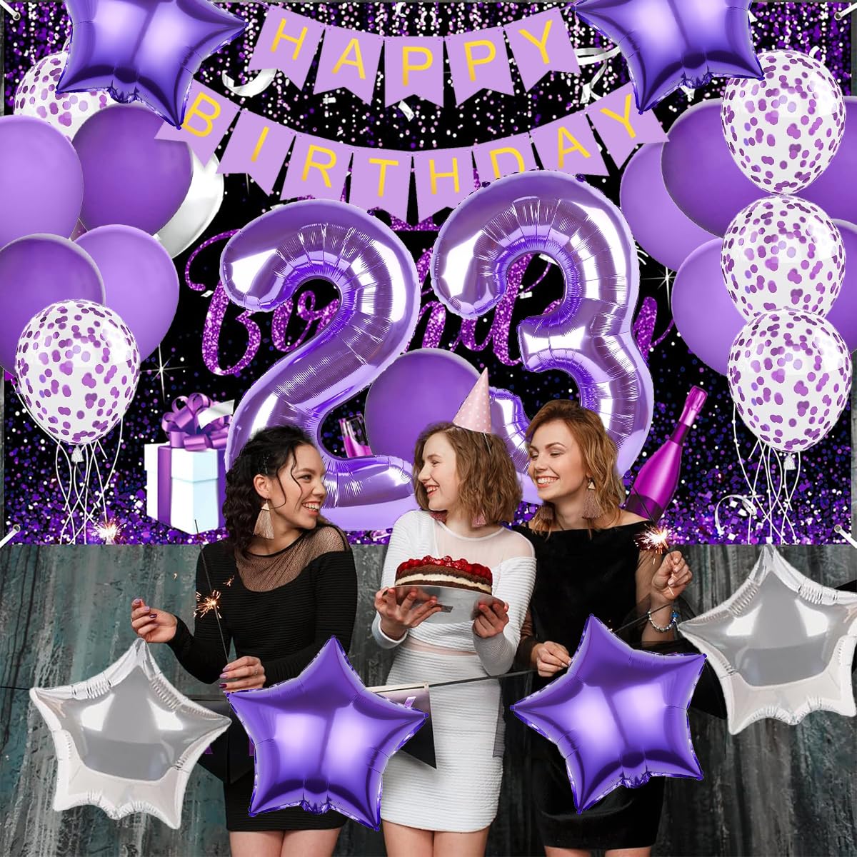 Pasiihol Happy 23 Birthday Decorations — Purple Banner & 40-Inch Balloon Numbers
