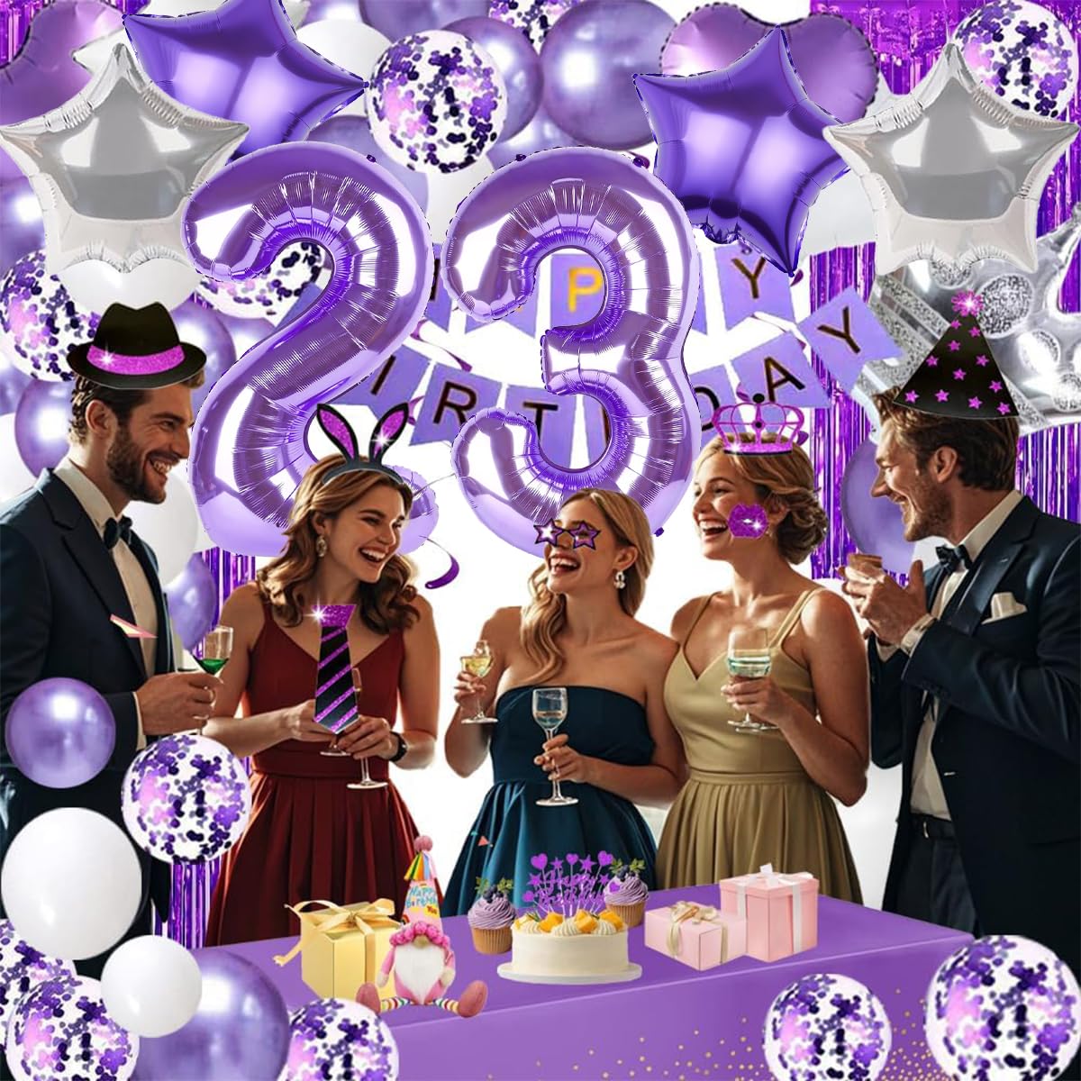 Pasiihol Happy 23 Birthday Decorations — Purple Banner & 40-Inch Balloon Numbers