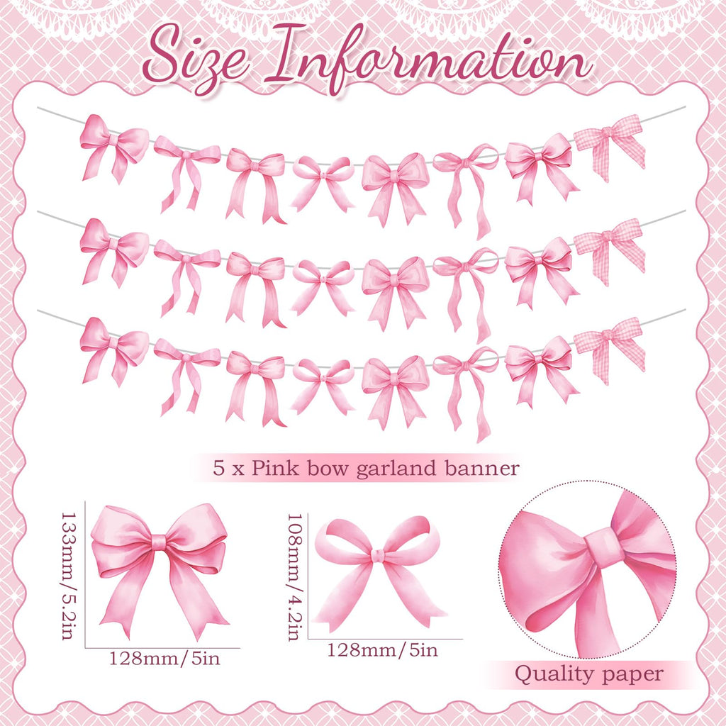 Pasimy 5Pcs Pink Bow Garland Banner – Coquette Party Decorations for Baby Shower & Wedding