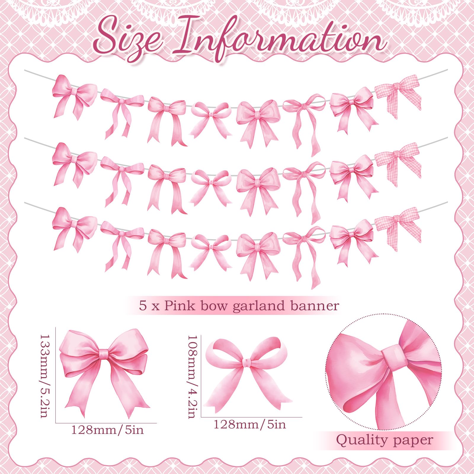 Pasimy 5Pcs Pink Bow Garland Banner – Coquette Party Decorations for Baby Shower & Wedding