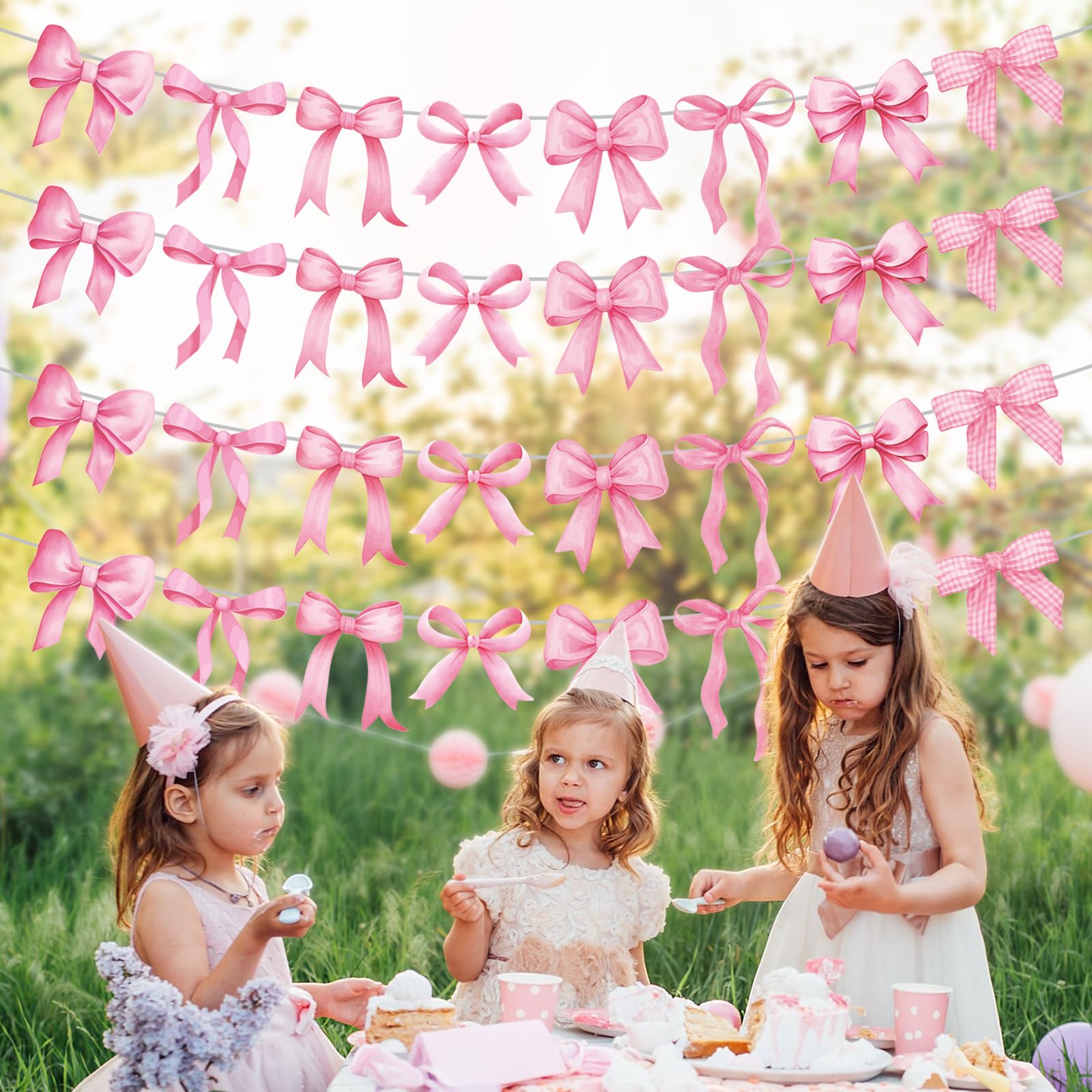 Pasimy 5Pcs Pink Bow Garland Banner – Coquette Party Decorations for Baby Shower & Wedding