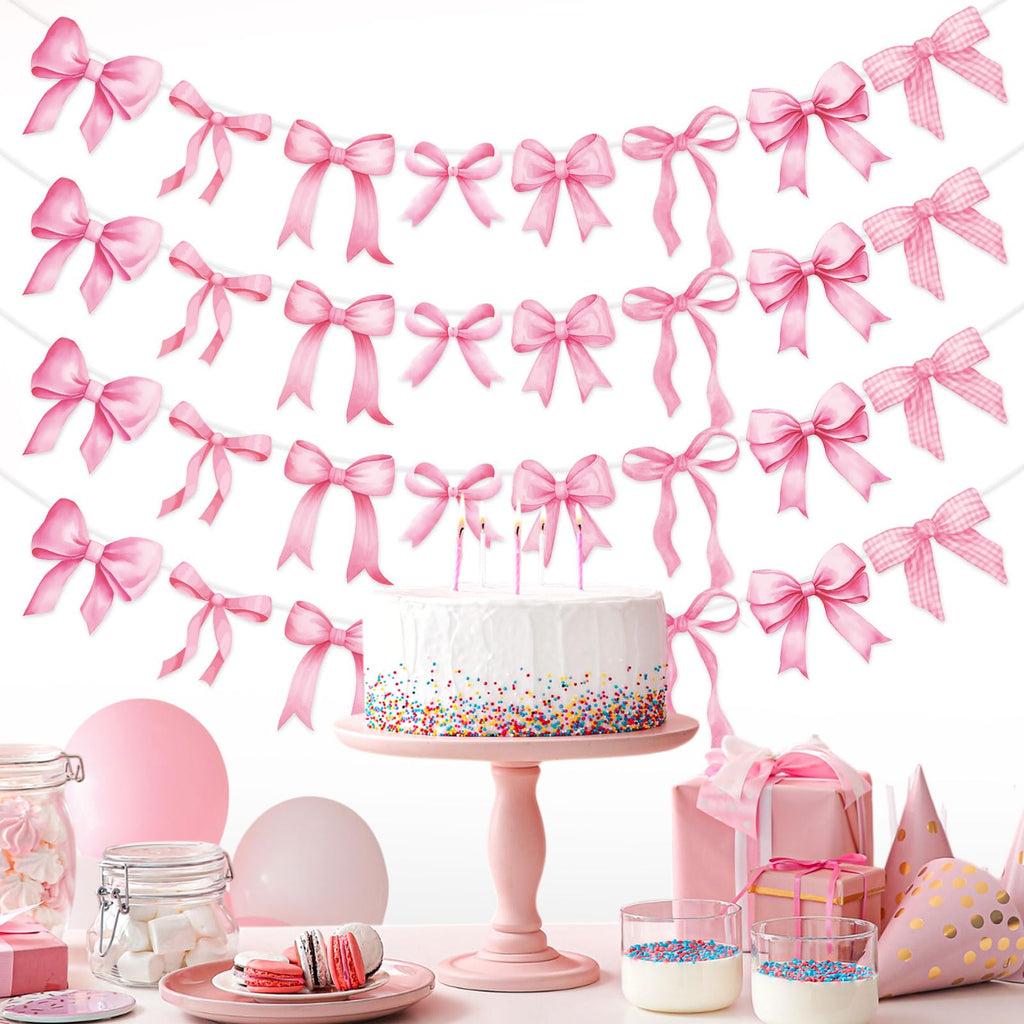 Pasimy 5Pcs Pink Bow Garland Banner – Coquette Party Decorations for Baby Shower & Wedding
