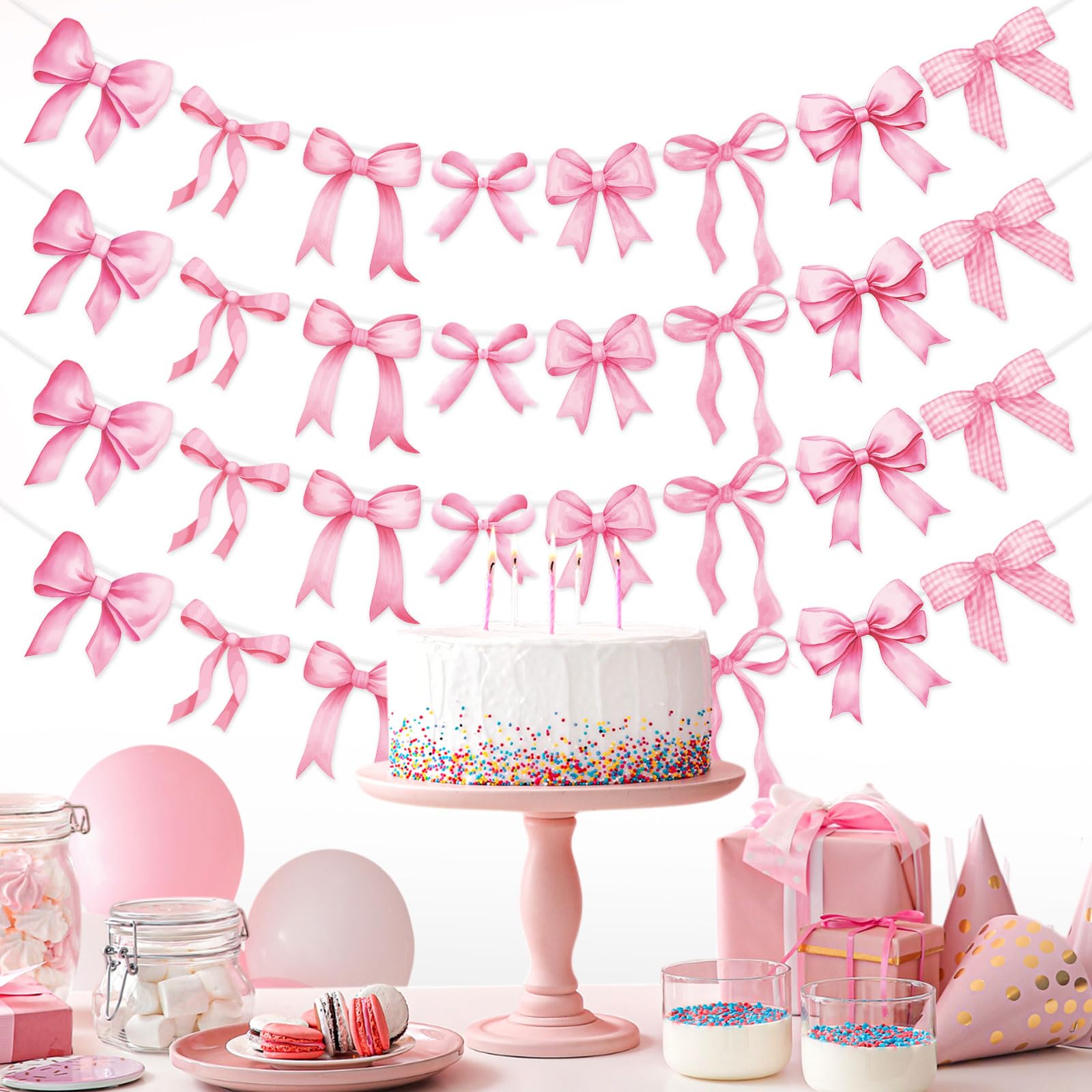 Pasimy 5Pcs Pink Bow Garland Banner – Coquette Party Decorations for Baby Shower & Wedding