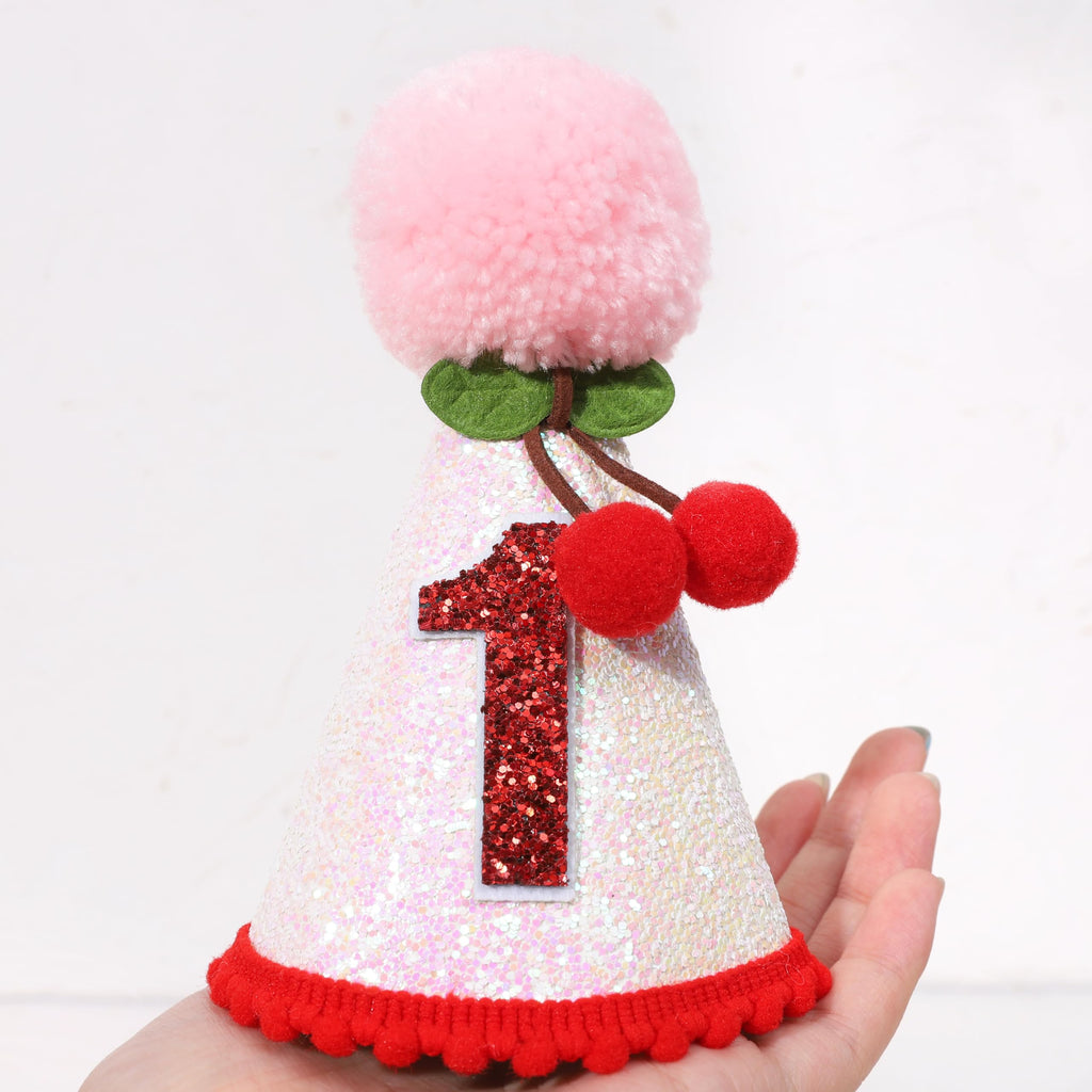 PATRDIO Cherry 1st Birthday Hat – Pink Glitter Crown for Girls | Fruit Theme Party Decor