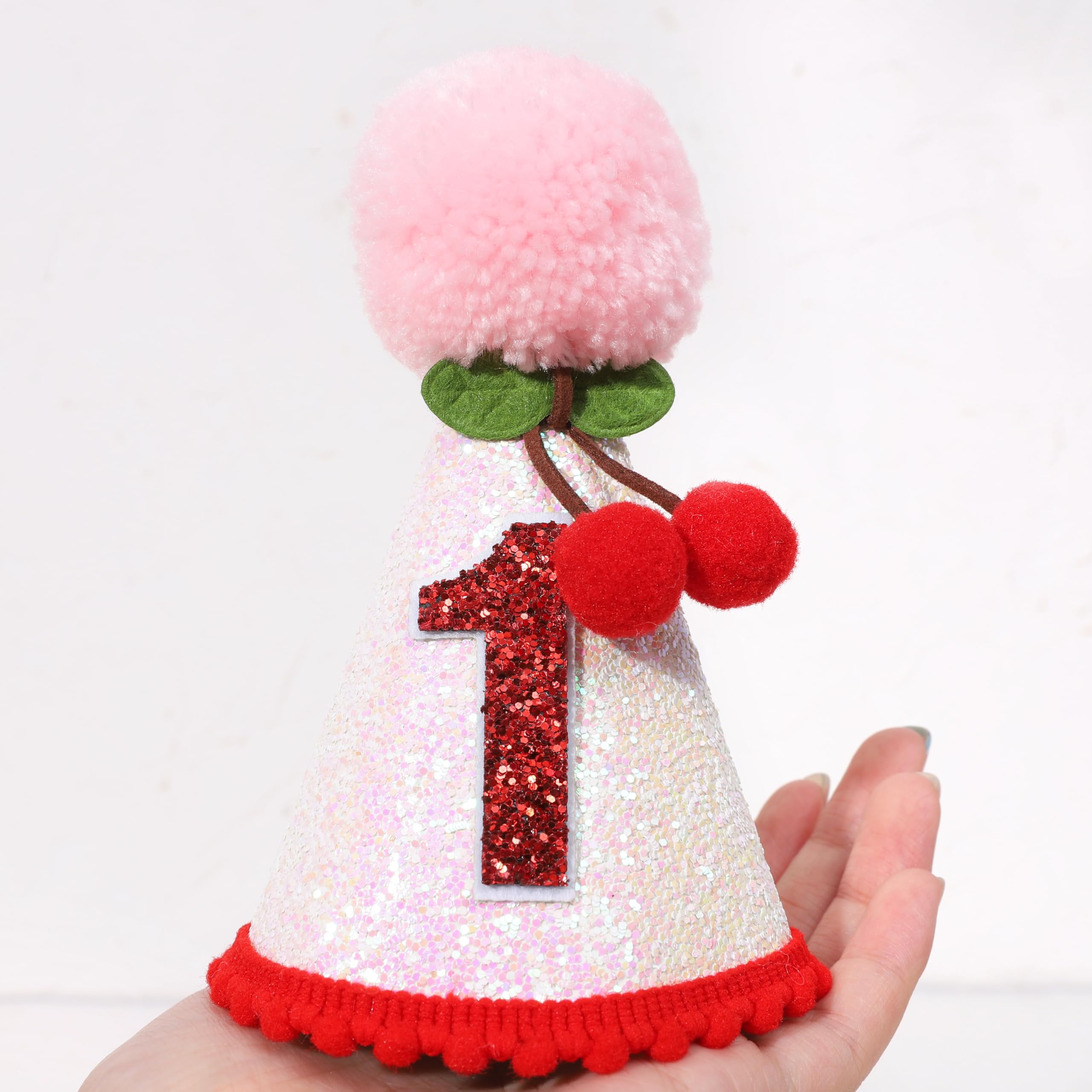 PATRDIO Cherry 1st Birthday Hat – Pink Glitter Crown for Girls | Fruit Theme Party Decor