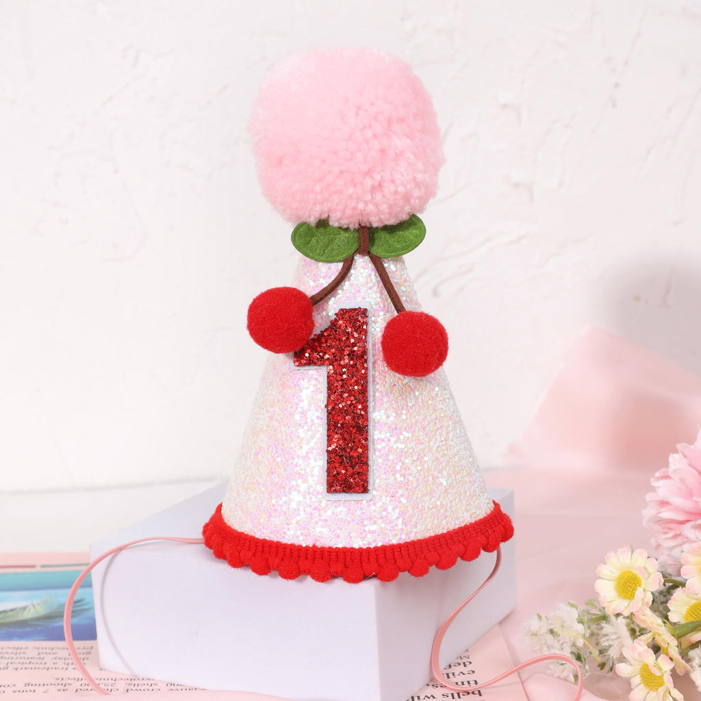 PATRDIO Cherry 1st Birthday Hat – Pink Glitter Crown for Girls | Fruit Theme Party Decor