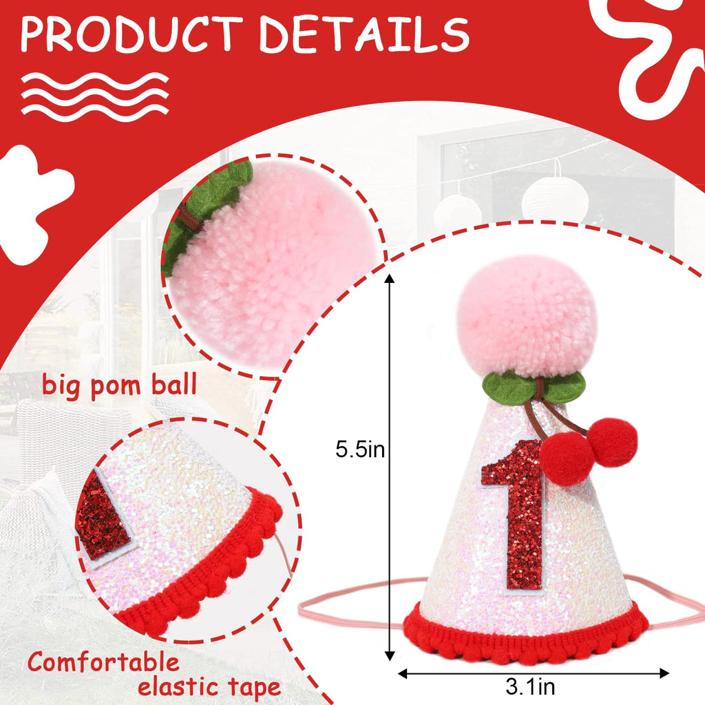 PATRDIO Cherry 1st Birthday Hat – Pink Glitter Crown for Girls | Fruit Theme Party Decor